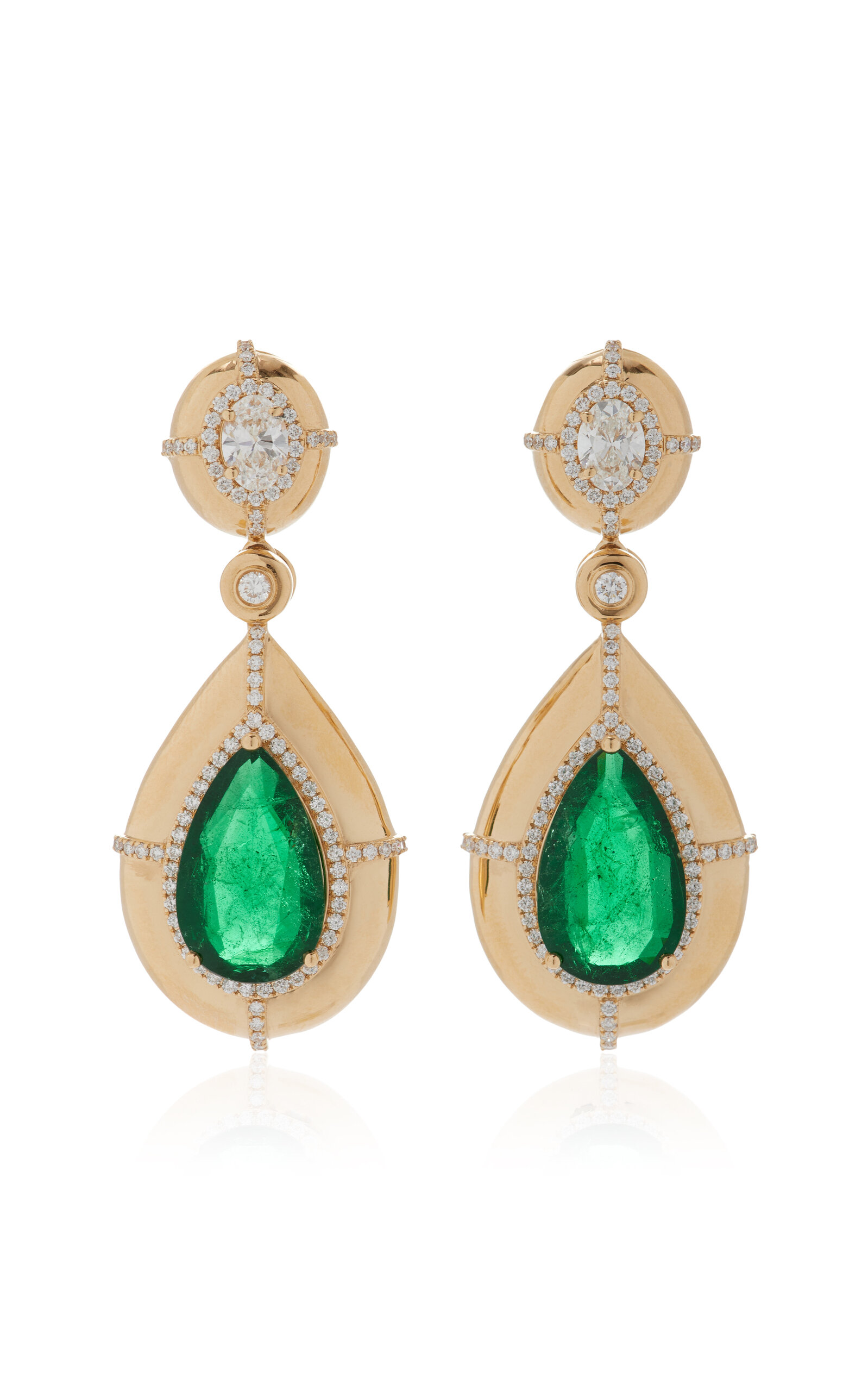 18K Yellow Gold Emerald and Diamond Earrings