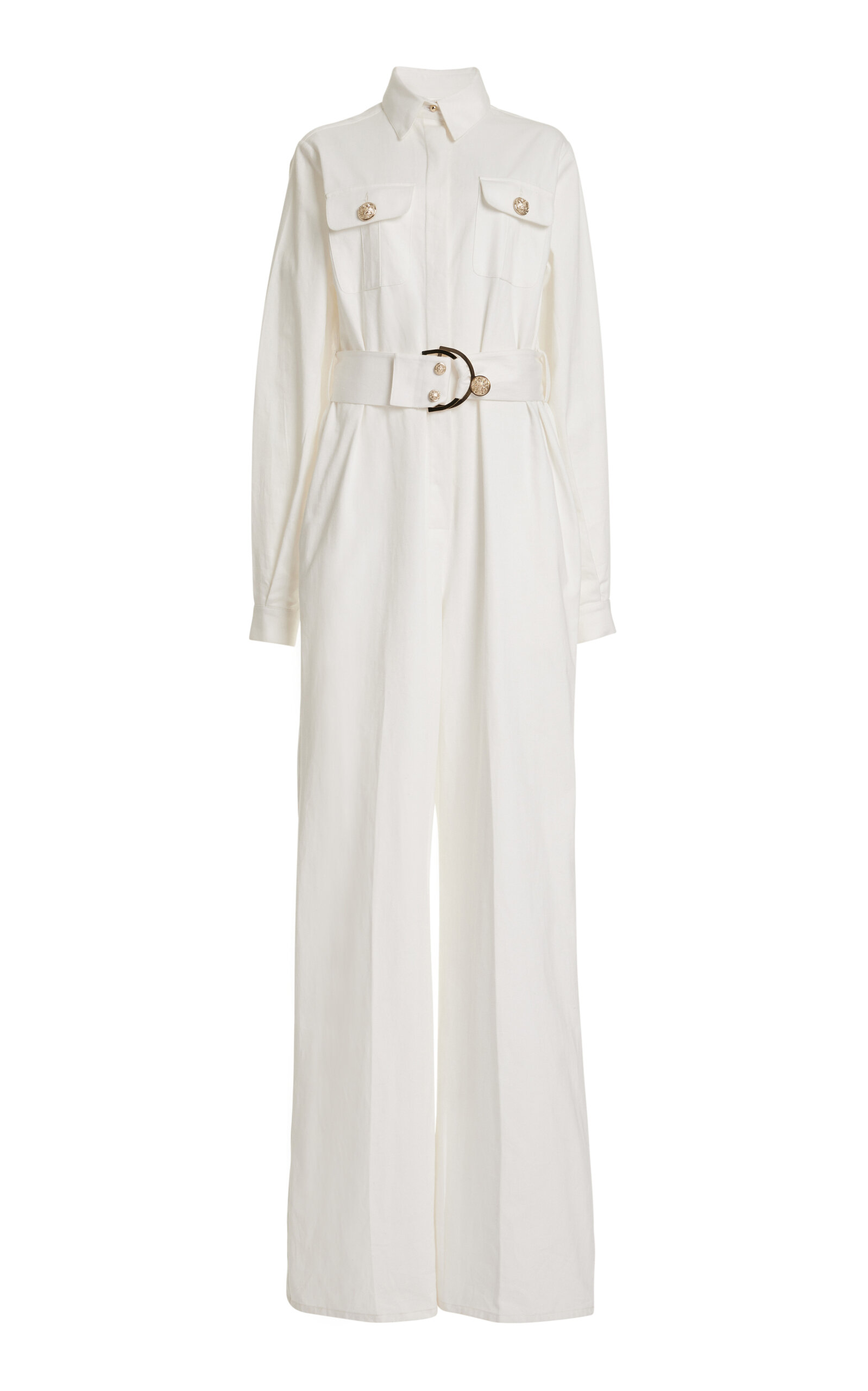 Elie Saab Belted Denim Wide-leg Jumpsuit In White