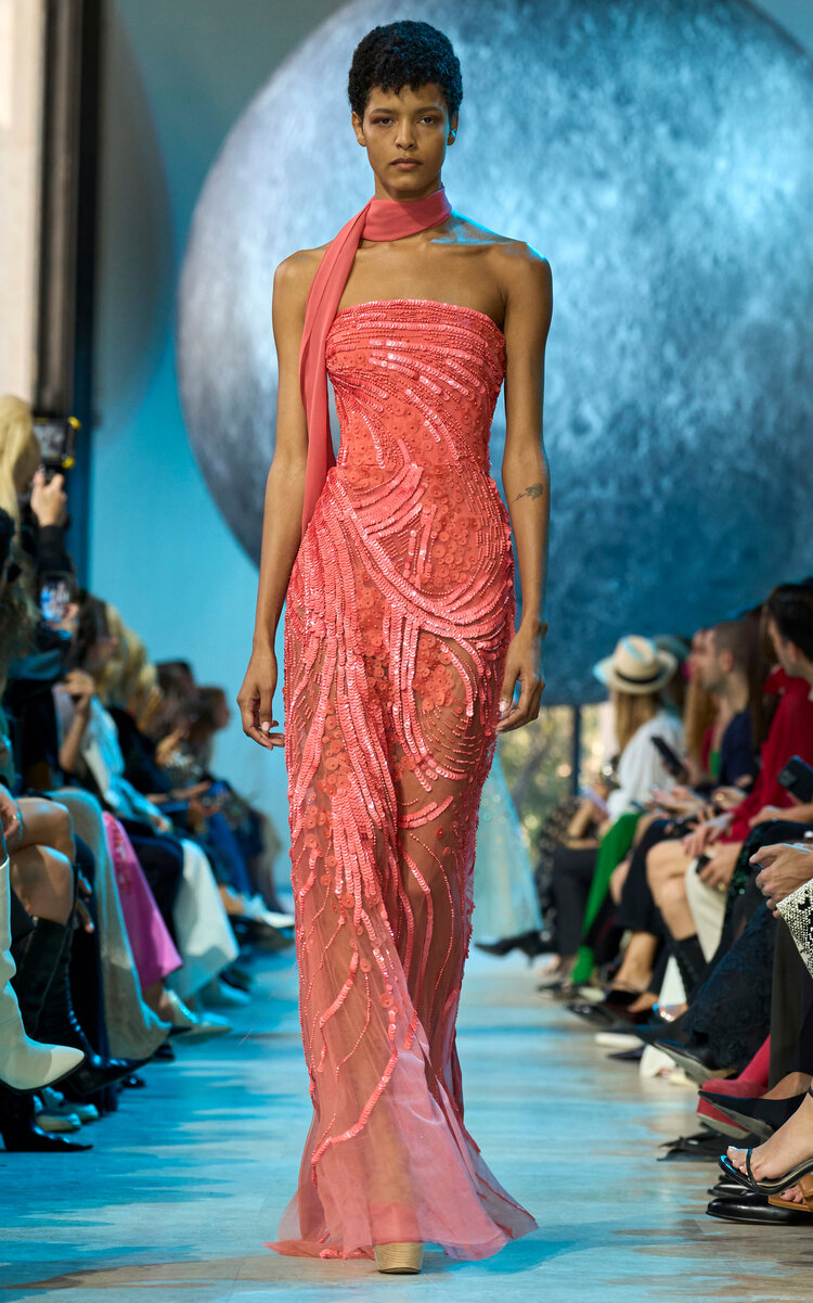 Elie Saab Beaded Strapless Maxi Dress In Coral