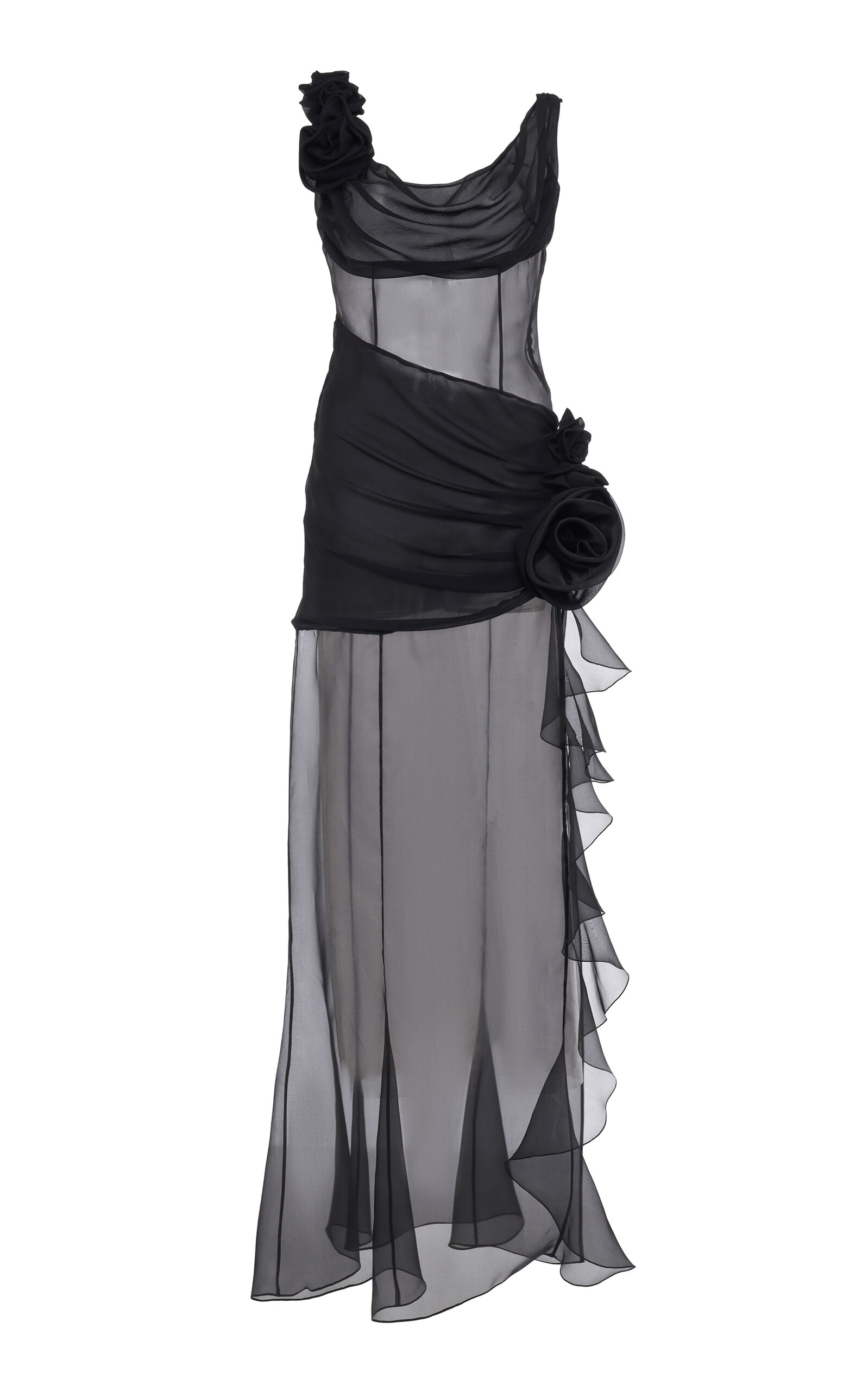 Shop Alessandra Rich Rosette-detailed Draped Silk Organza Maxi Dress In Black