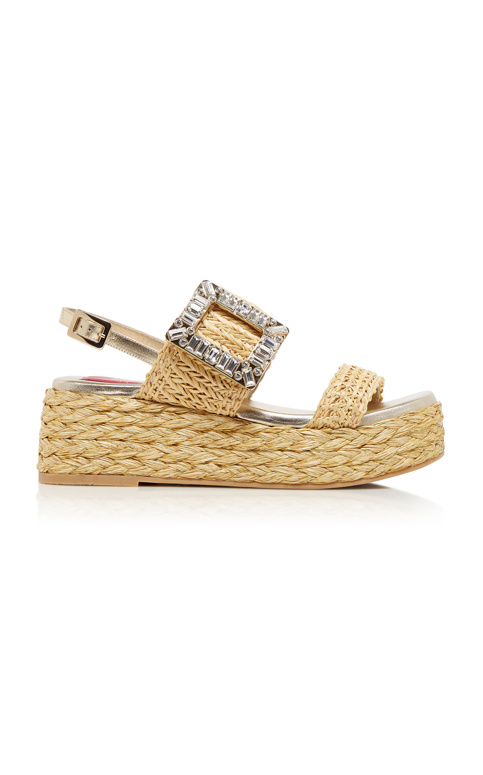 Shop Roger Vivier Crystal-buckle Raffia Platform Sandals In Neutral