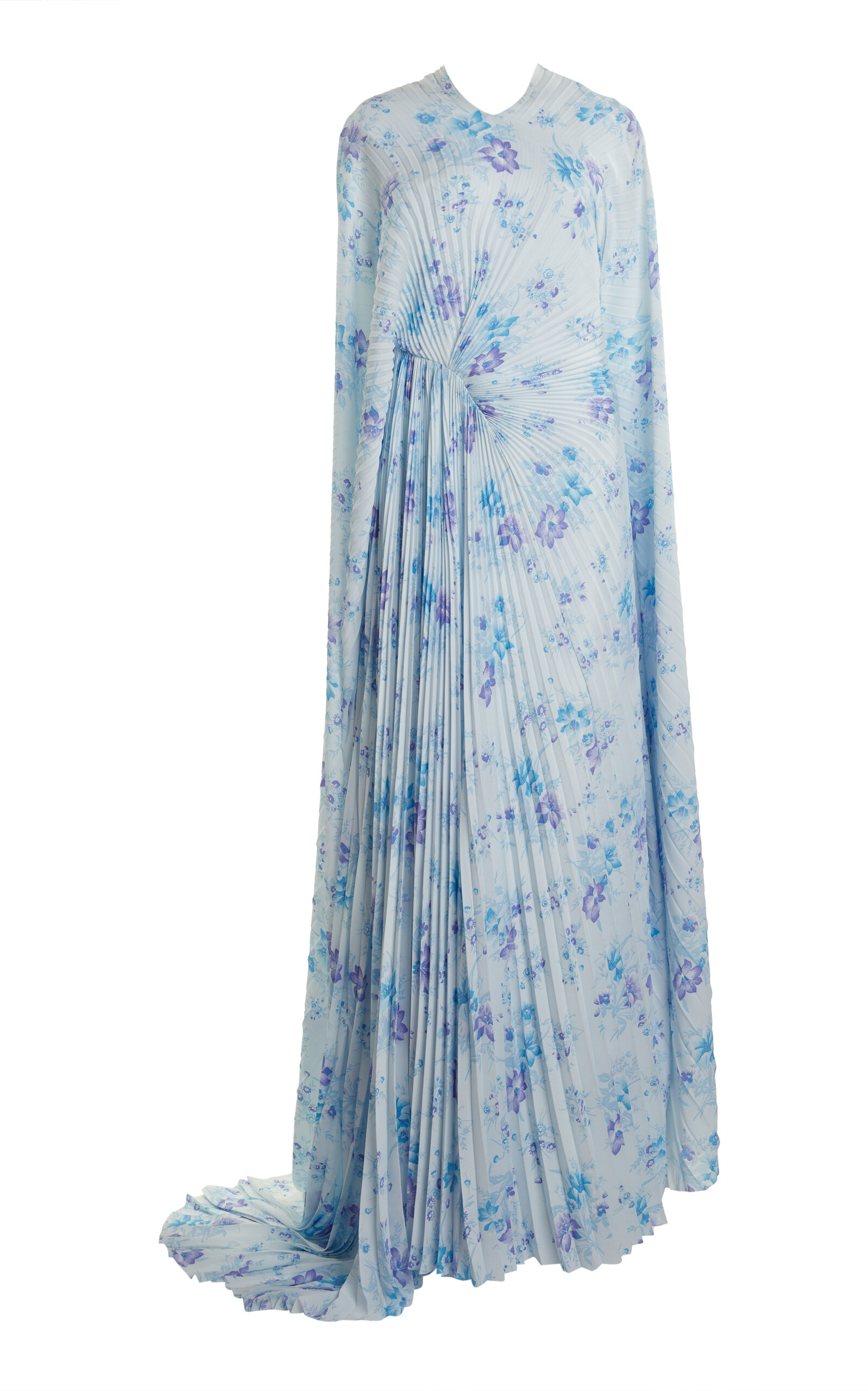 Shop Balenciaga Floral Plisse Maxi Cape Dress In Blue