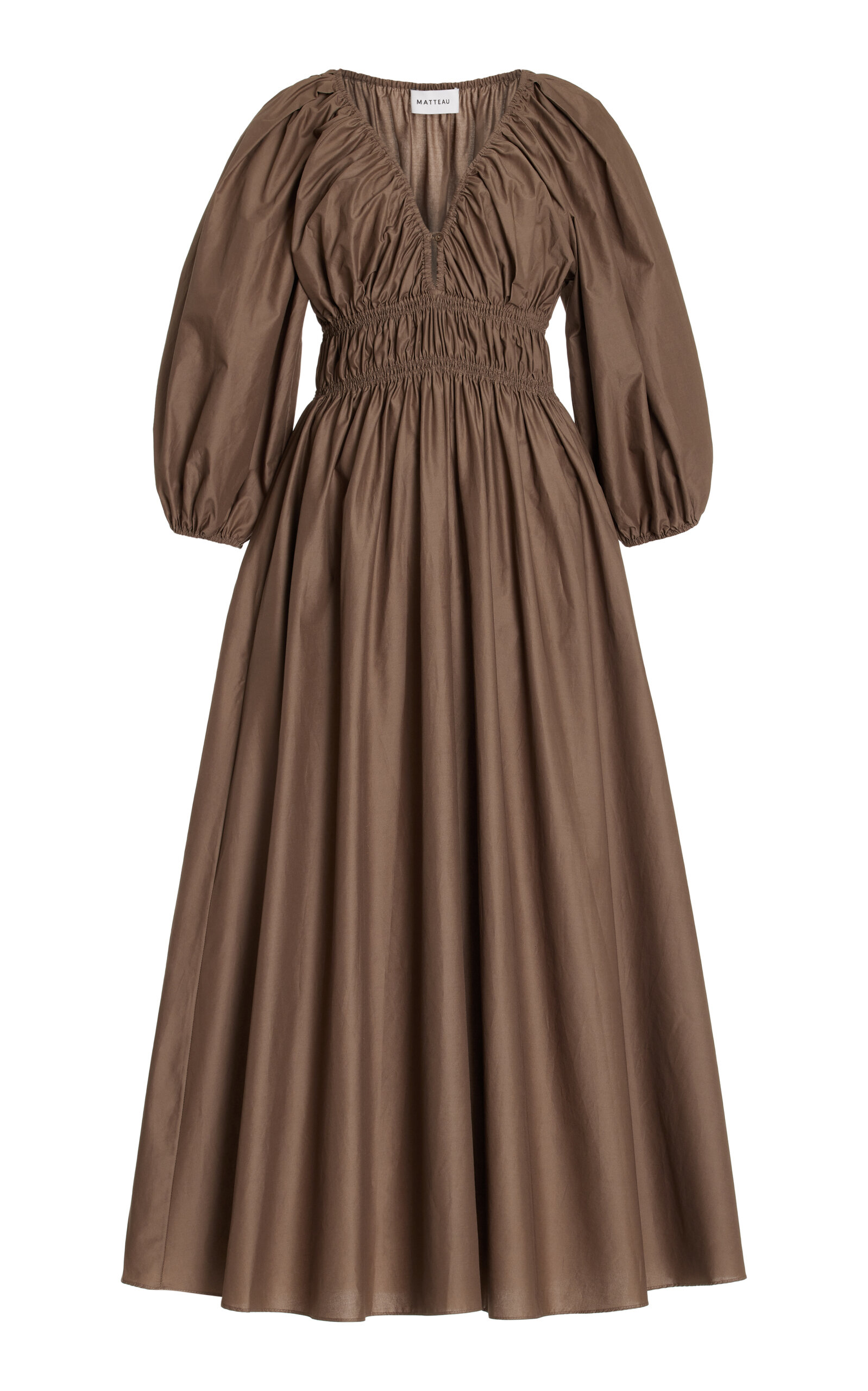 Shop Matteau Shirred Puff-sleeve Organic Cotton Midi Dress In Brown
