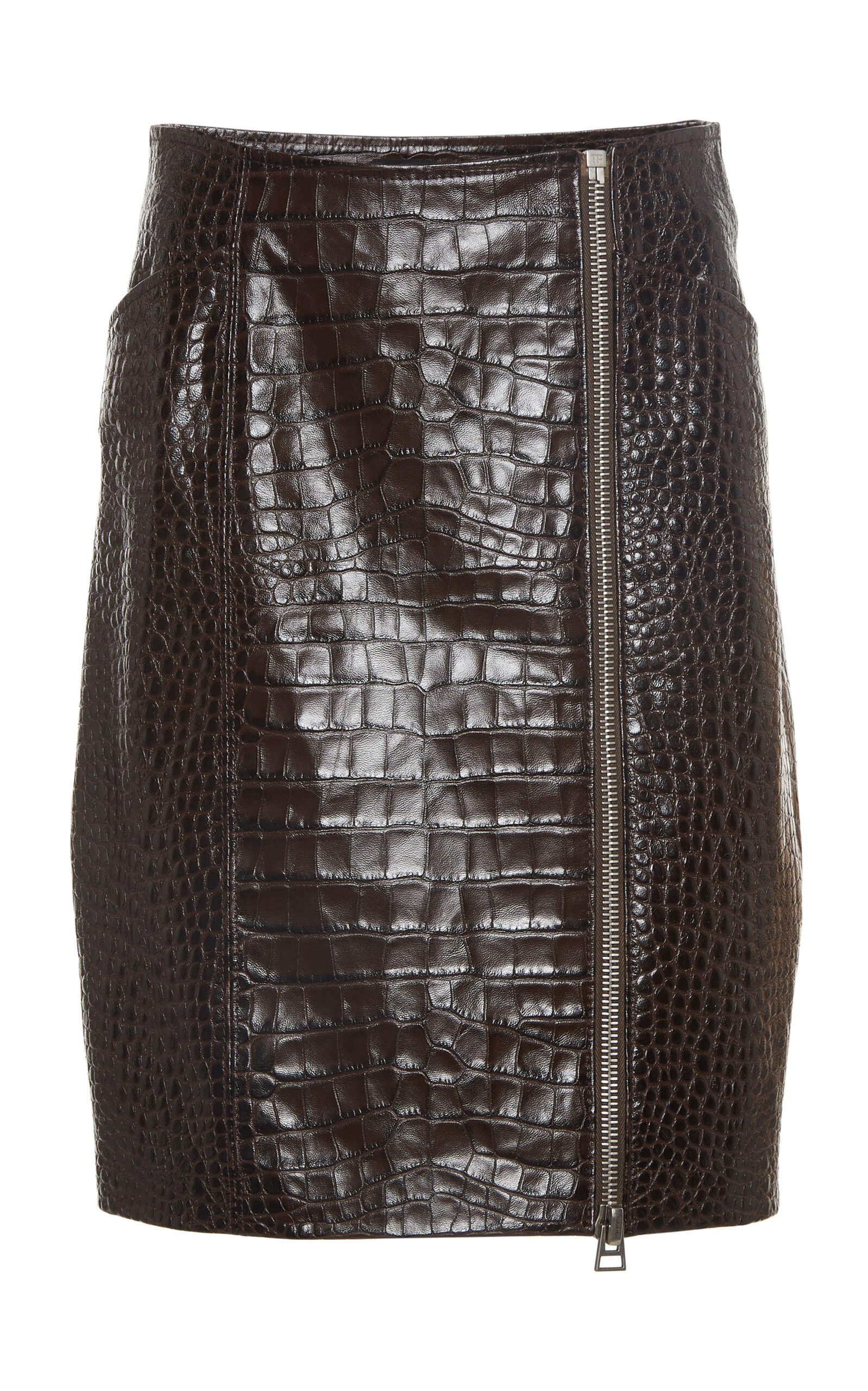 Tom Ford Side-zip Croc-embossed Leather Mini Skirt In Brown