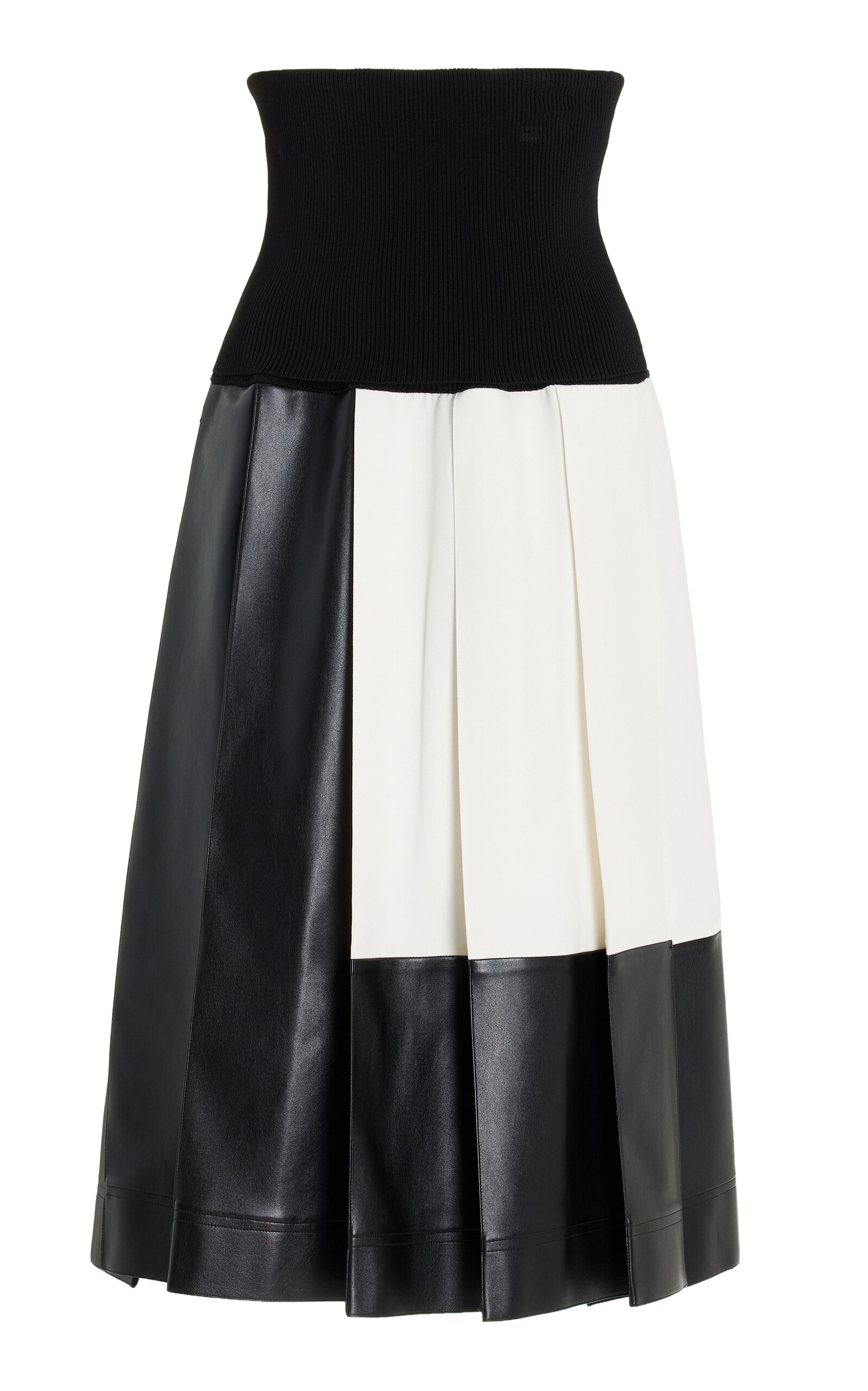 Knit-Waist Pleated Colorblock Faux-Leather Midi Skirt