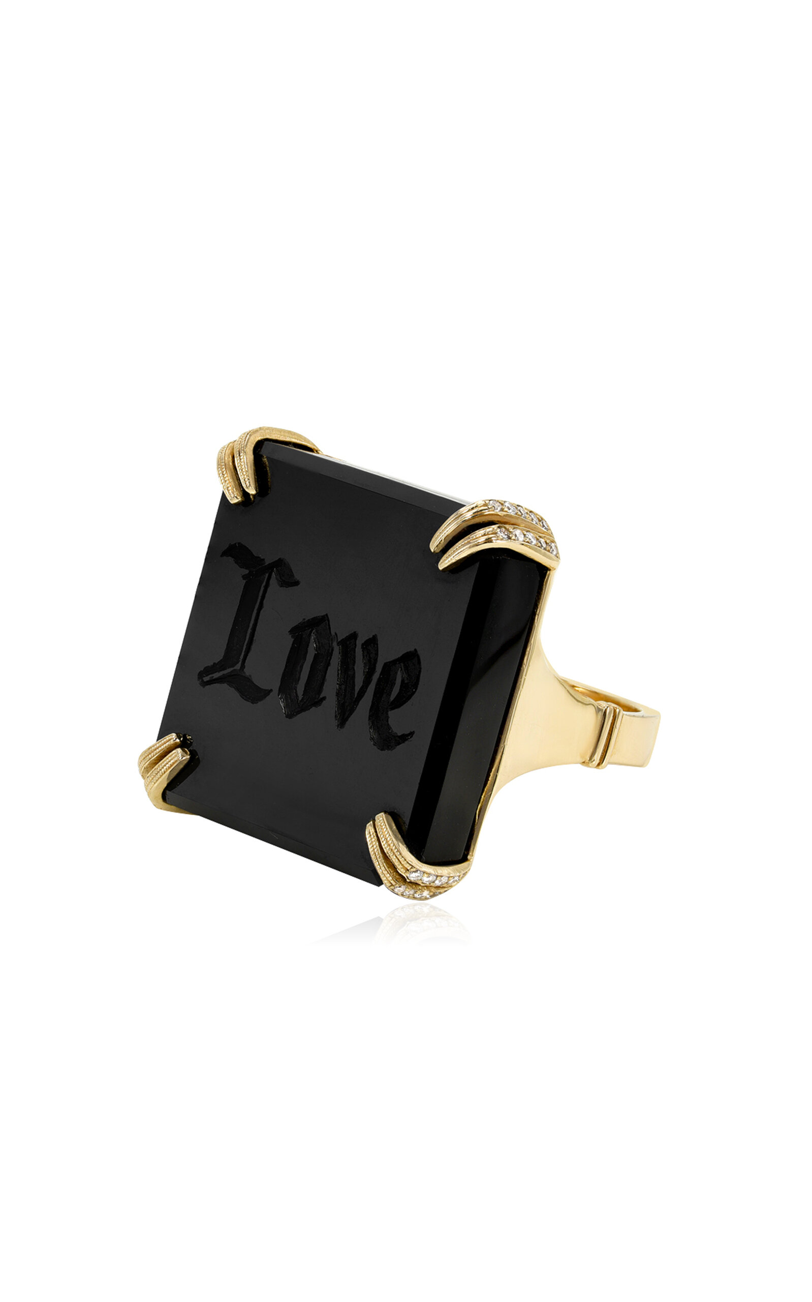 14K Yellow Gold Diamond and Black Onyx Love Ring