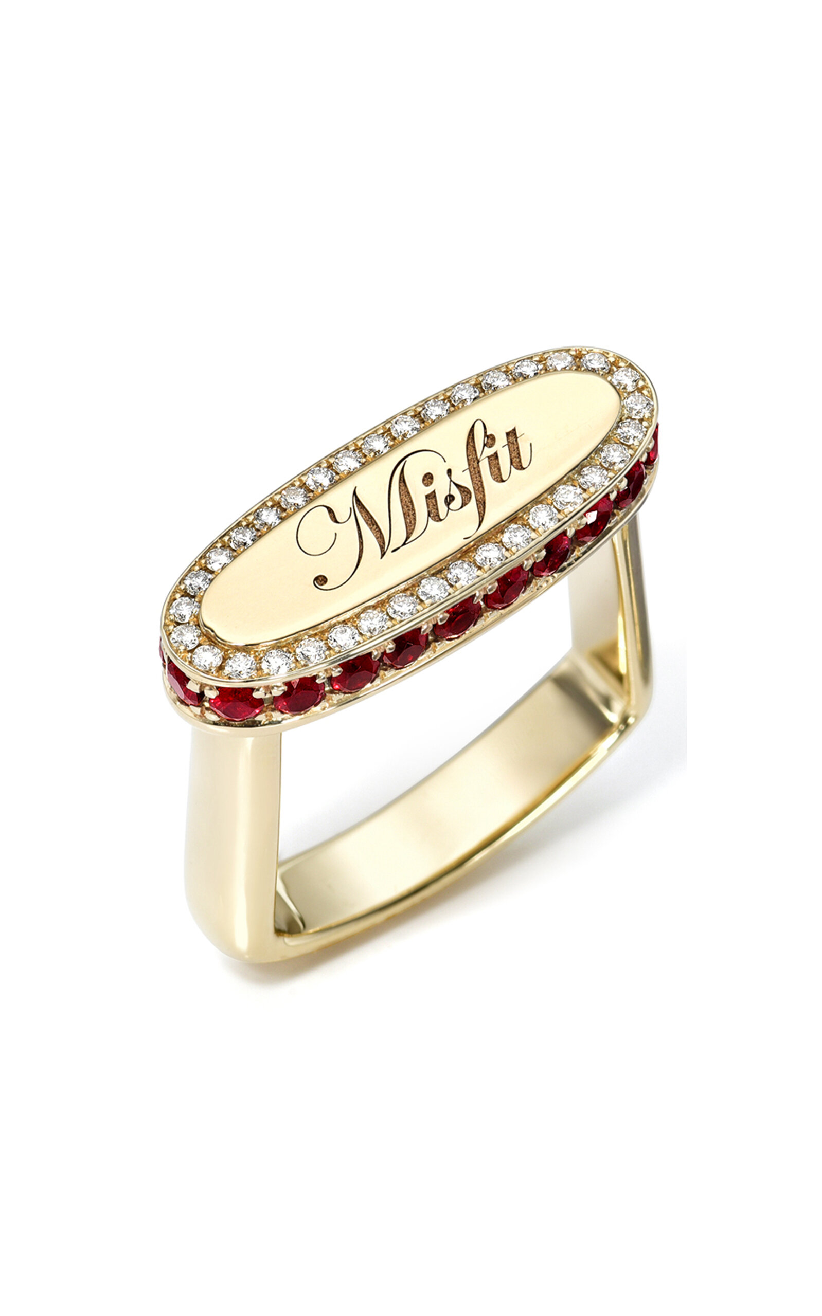 14K Yellow Gold Diamond and Ruby Misfit Signet Ring