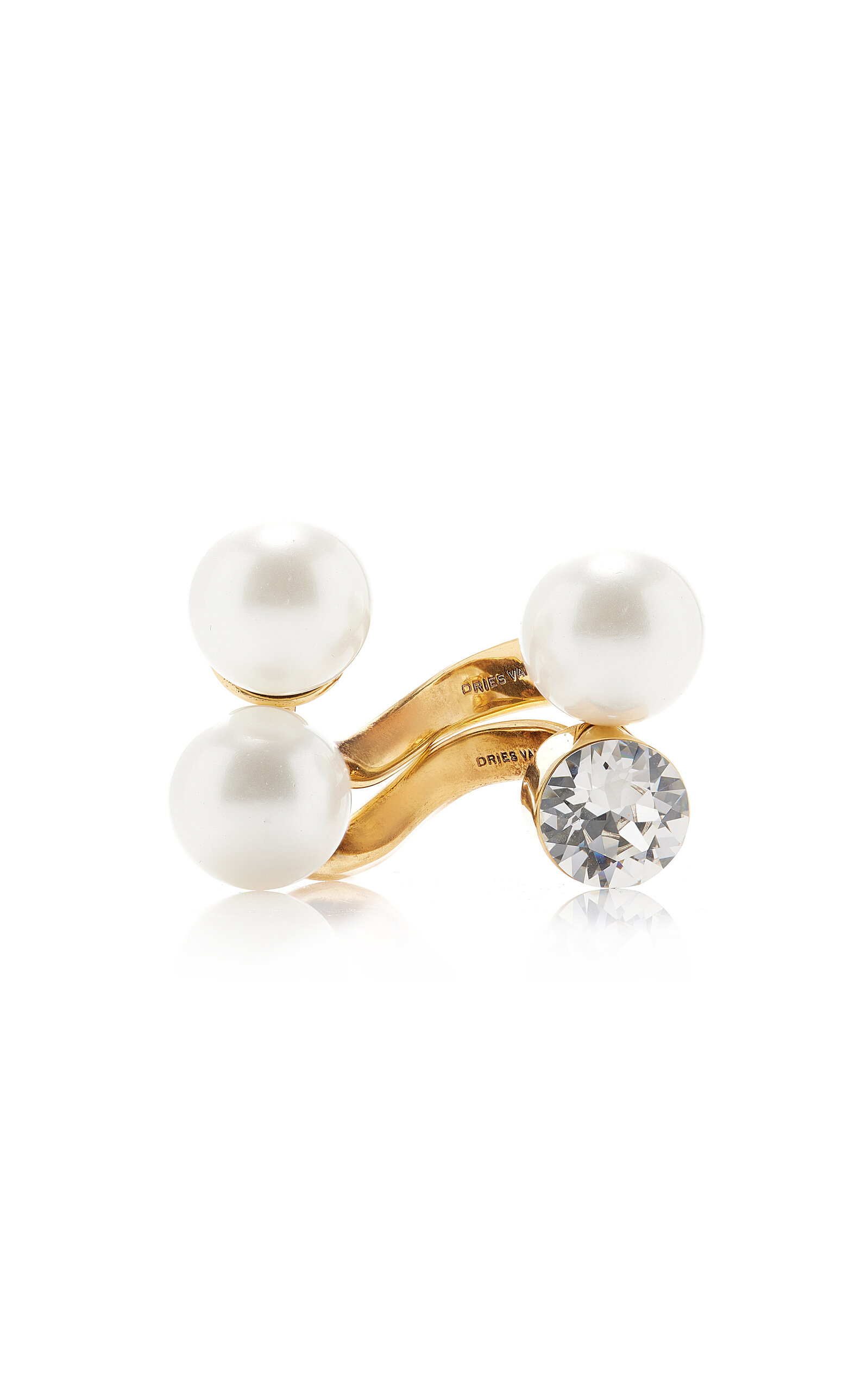 Shop Dries Van Noten Set-of-two Gold-plated Pearl; Crystal Rings
