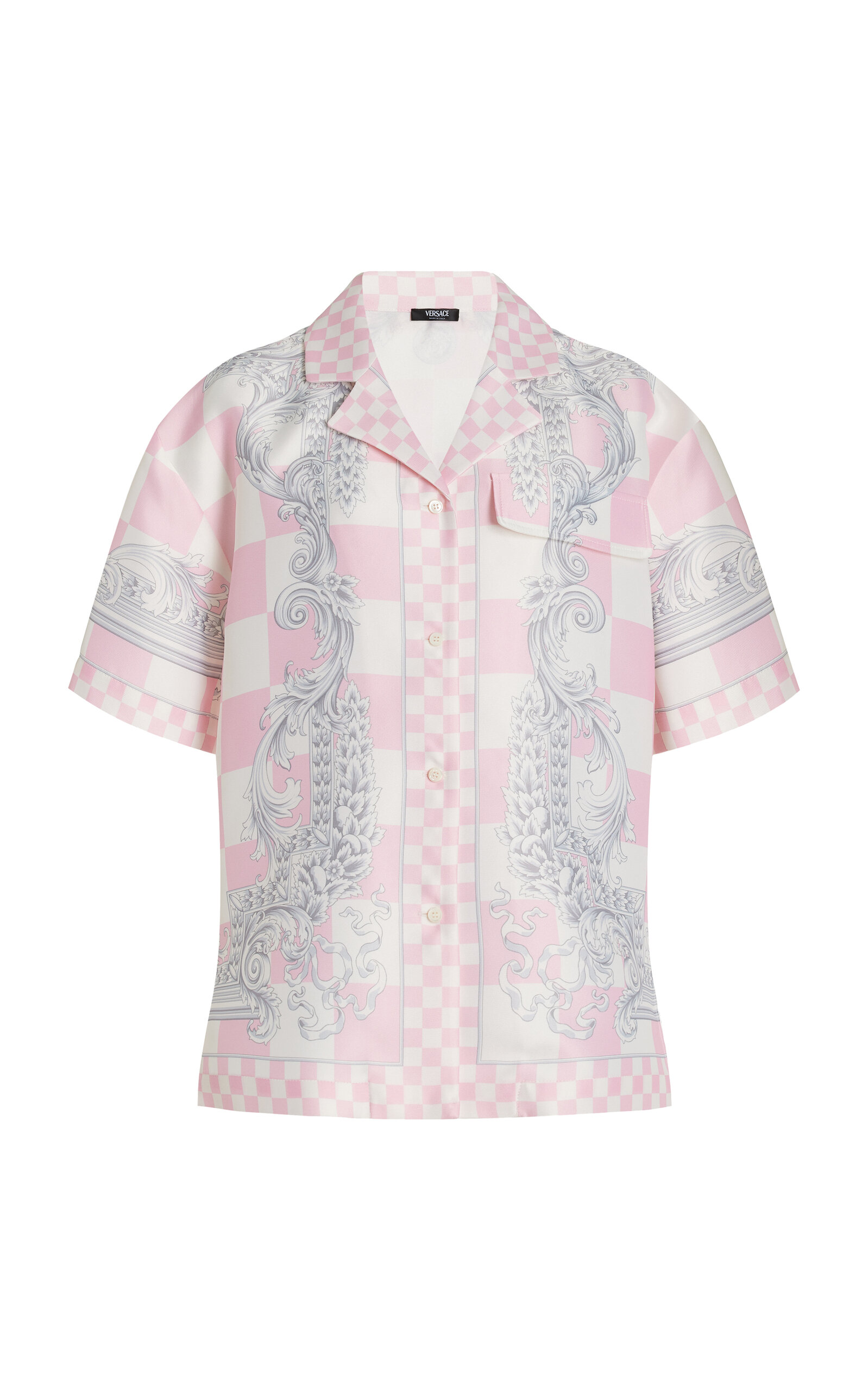 Shop Versace Damier-print Silk-blend Duchess Satin Shirt In Pink