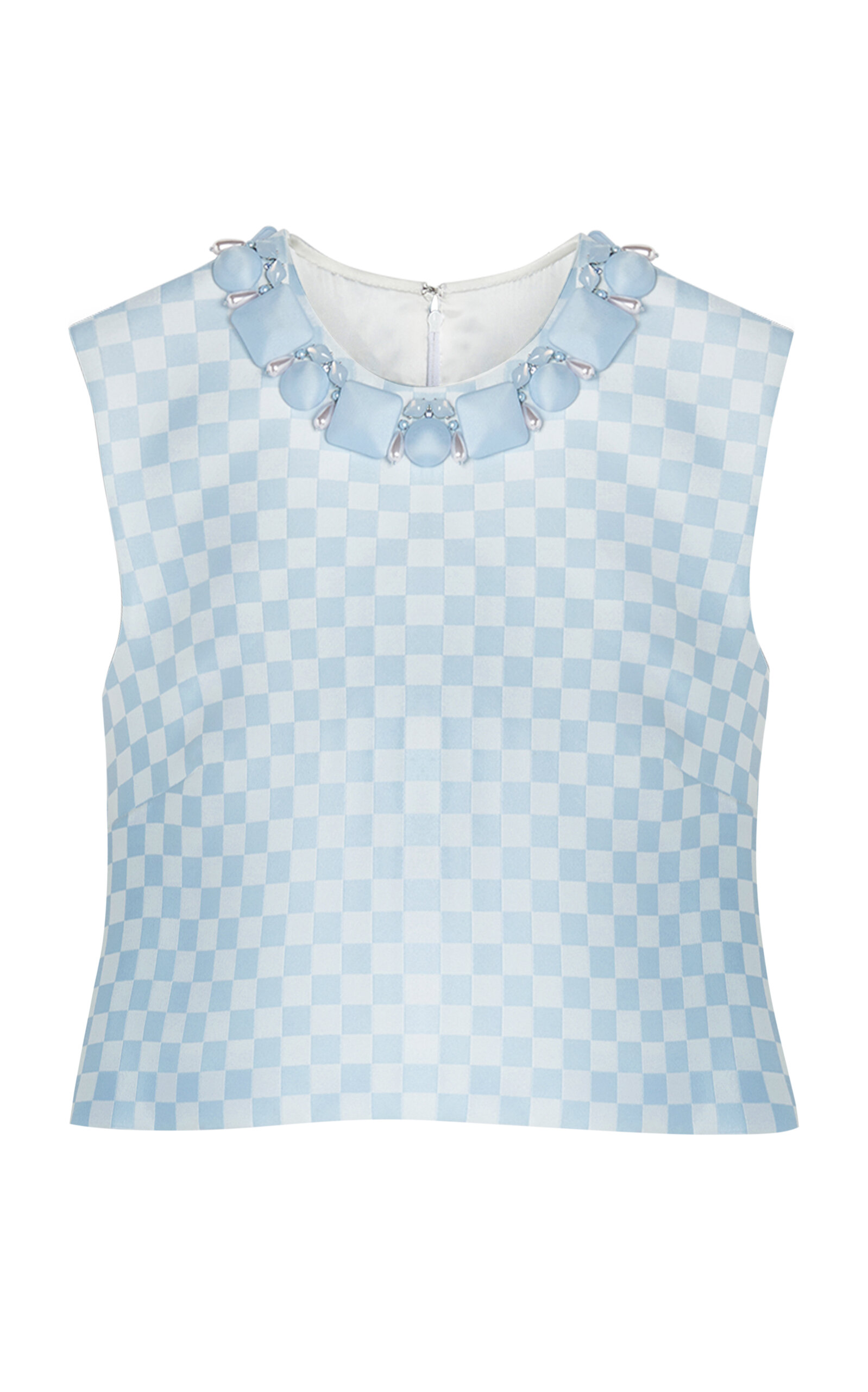 Shop Versace Cropped Embroidered Damier-print Duchess Satin Top In Blue