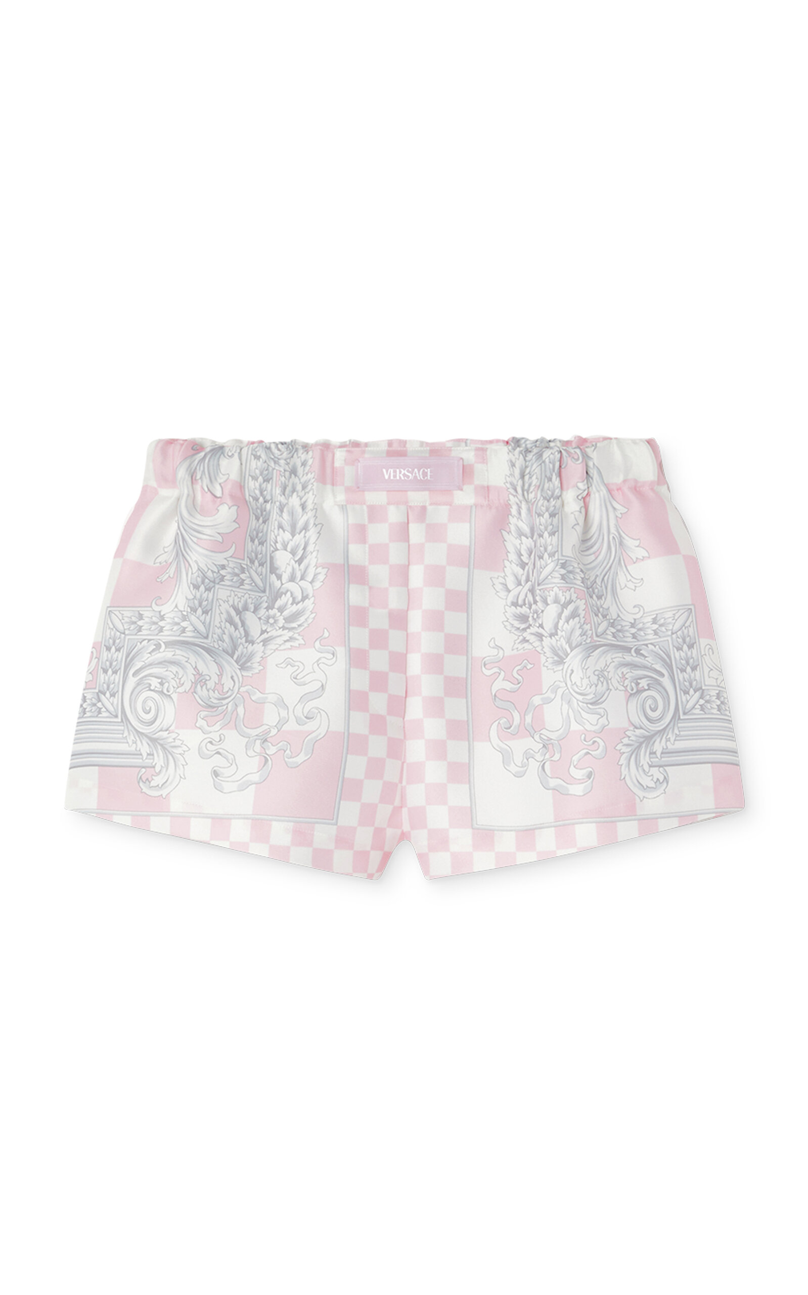 Shop Versace Damier-print Duchess Satin Shorts In Pink