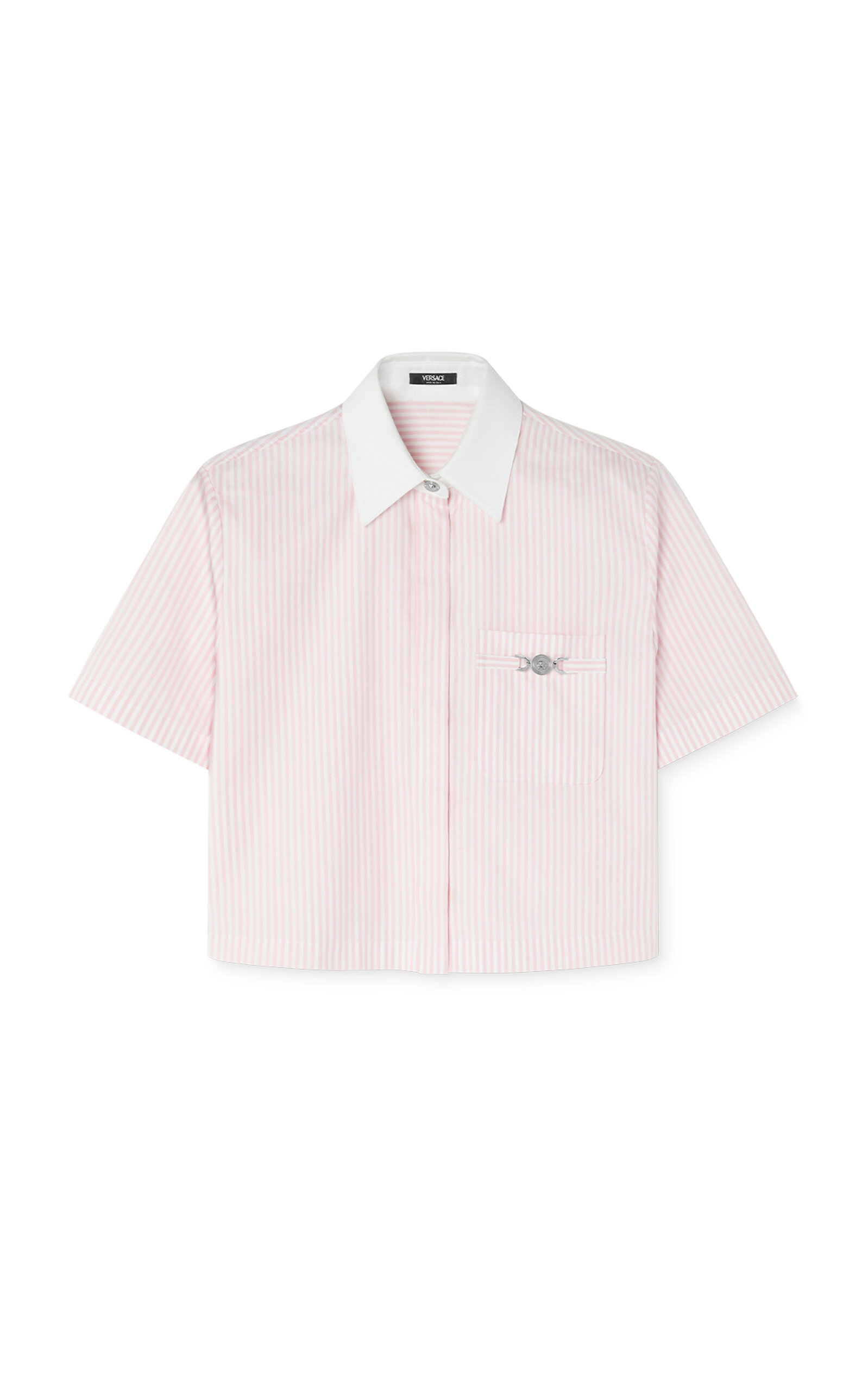 Shop Versace Cropped Striped Cotton-oxford Shirt In Pink