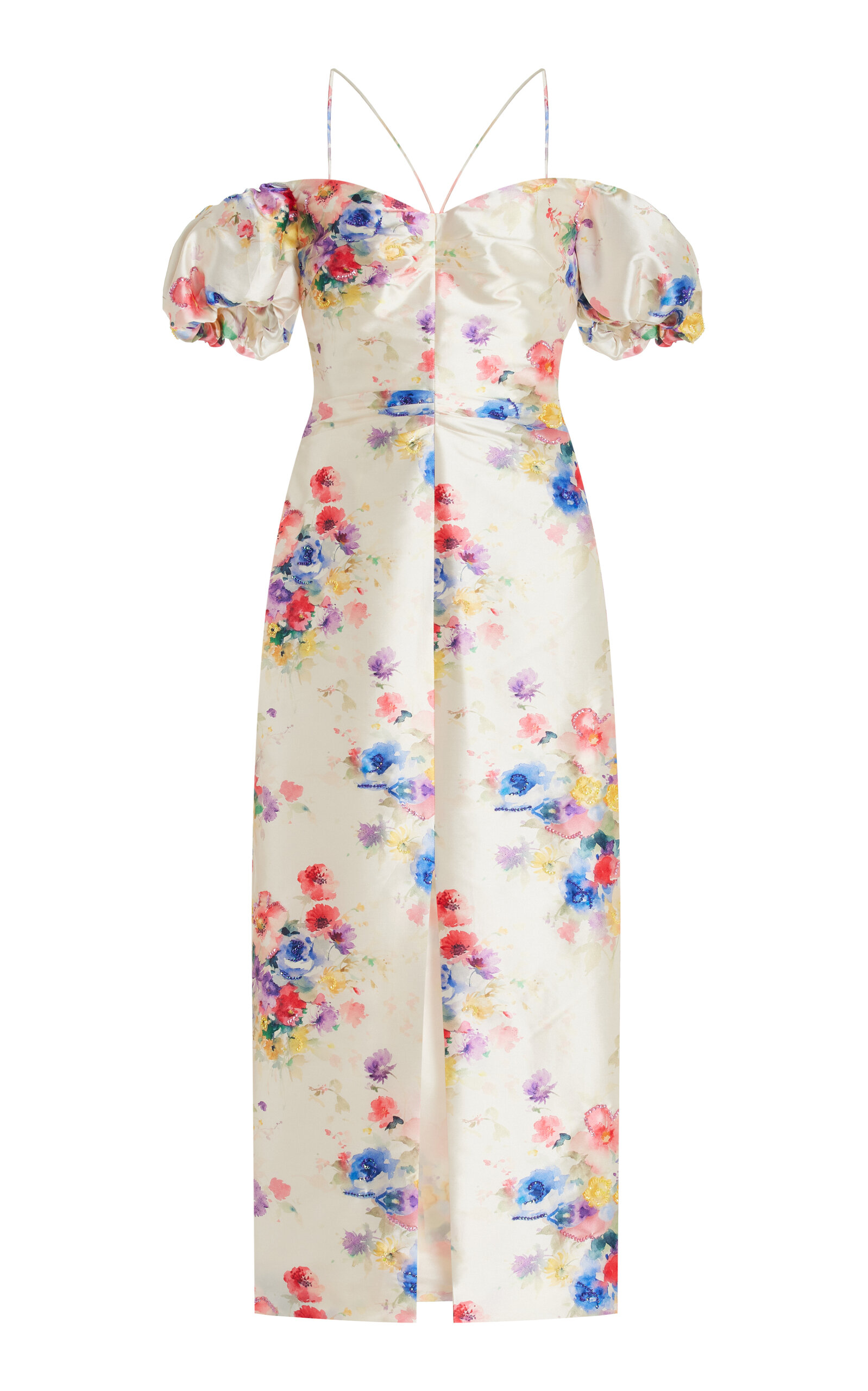 Palma Beaded Off-The-Shoulder Floral Satin Midi Dress