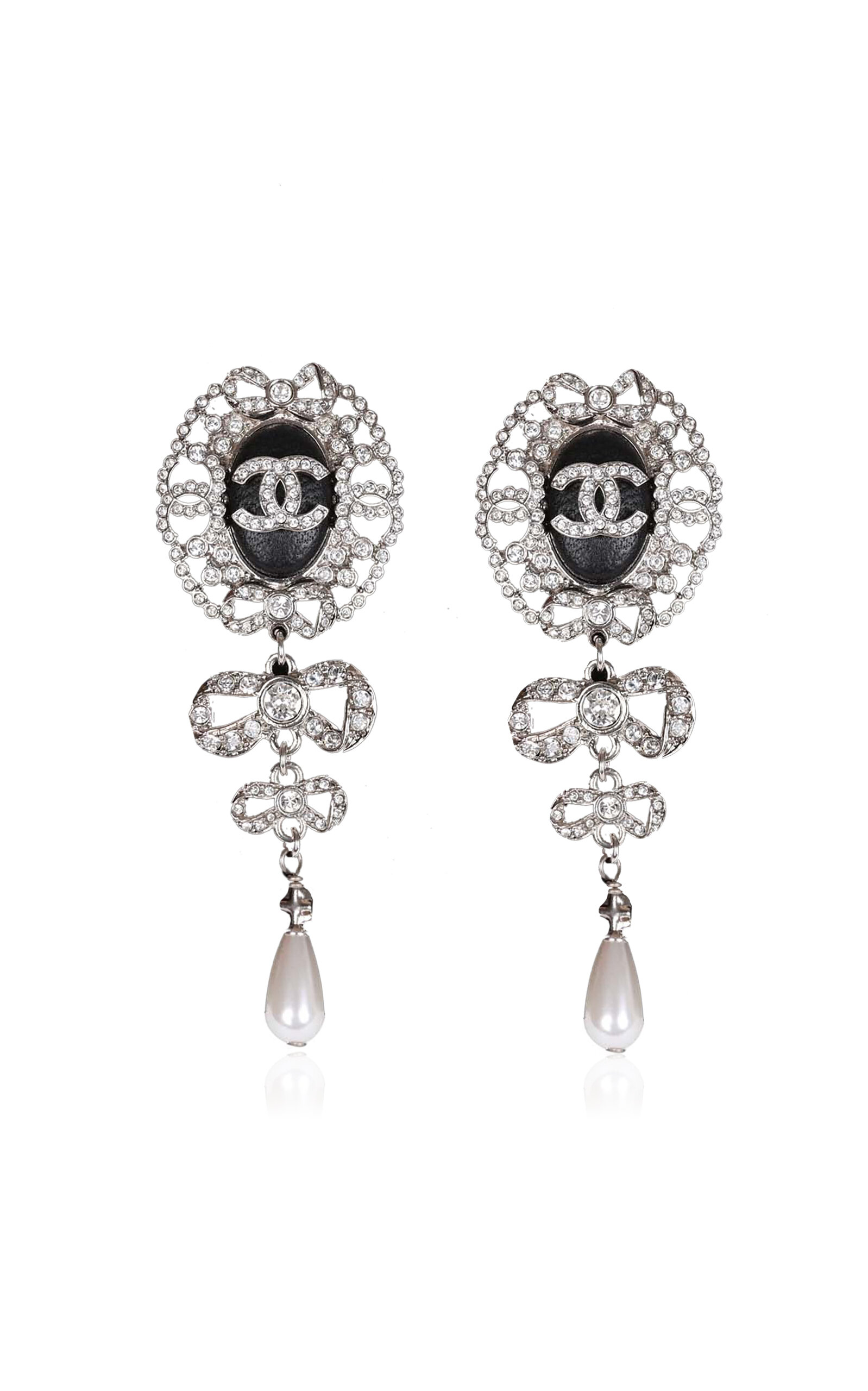 Pre-owned Chanel Crystal And Pearl Pendant Drop Earrings In Silver