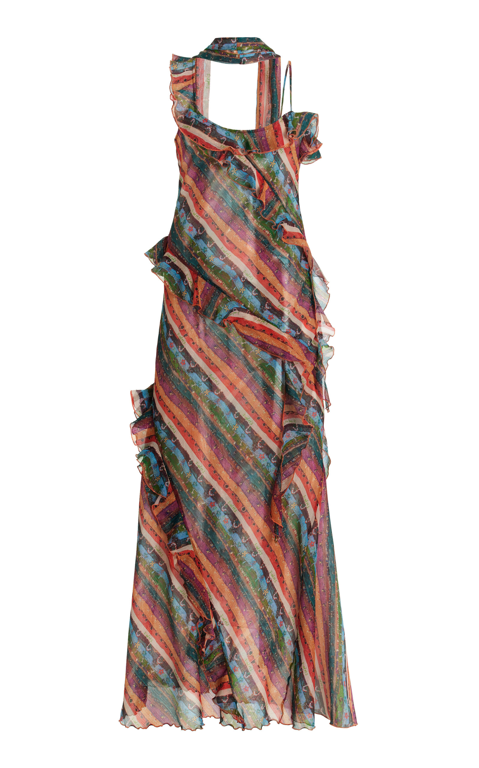 Siedres Exclusive Monica Ruffled Chiffon Maxi Dress In Stripe | ModeSens