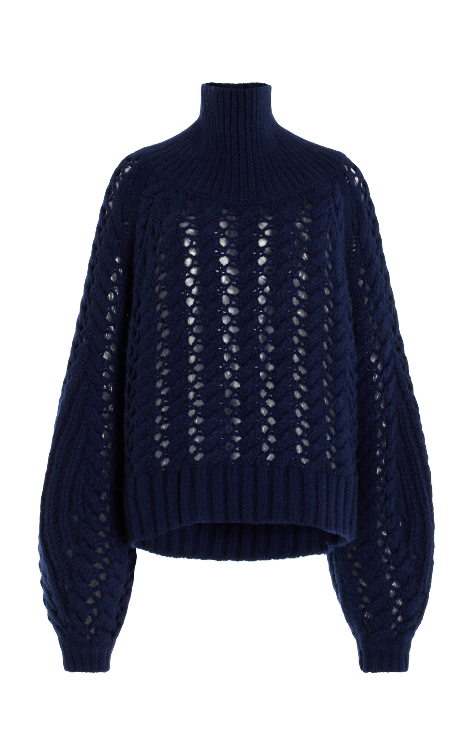 Adam Lippes Open Knit Cashmere Turtleneck Sweater In Navy