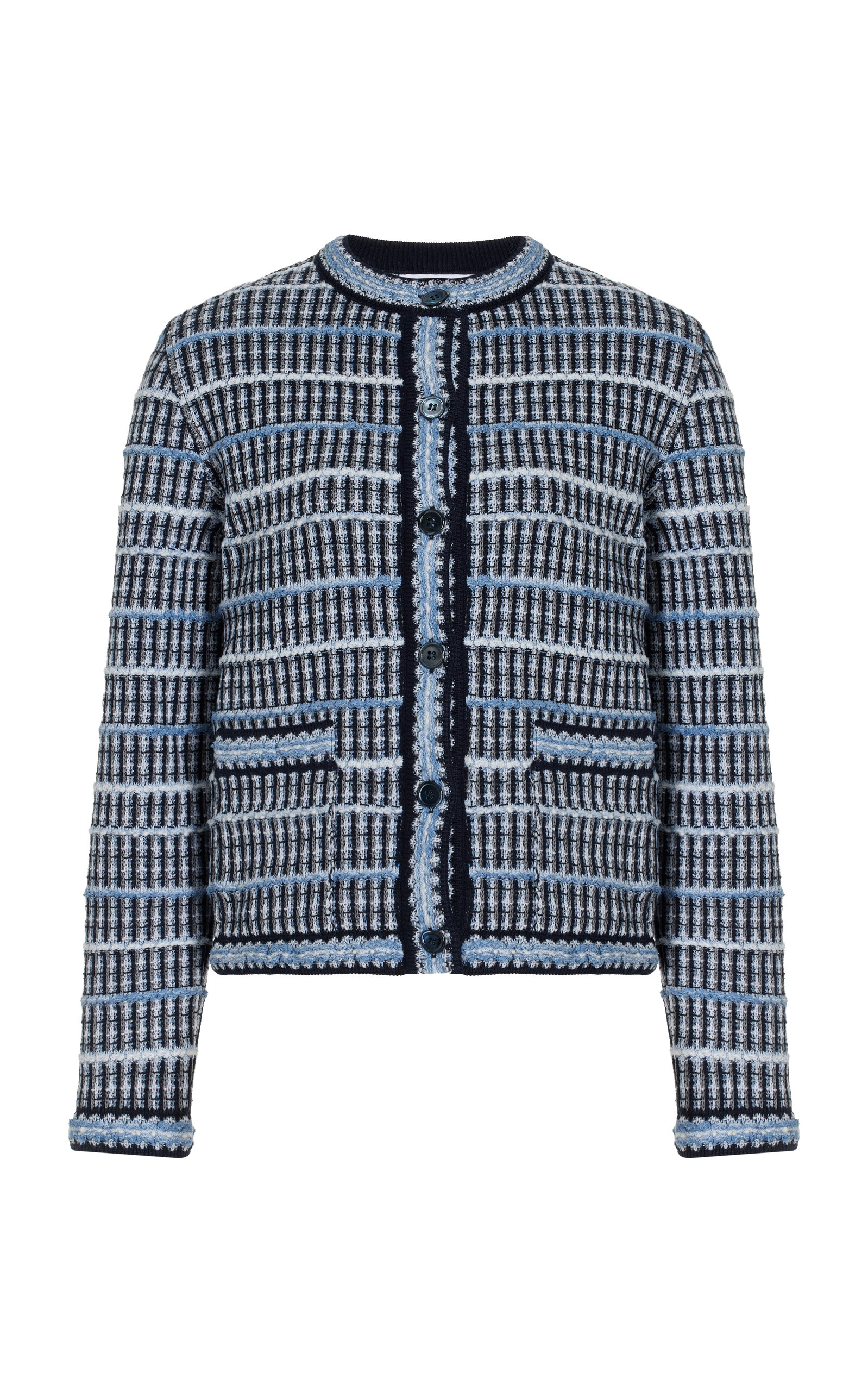 Shop Thom Browne Knit-tweed Jacquard Cardigan In Navy