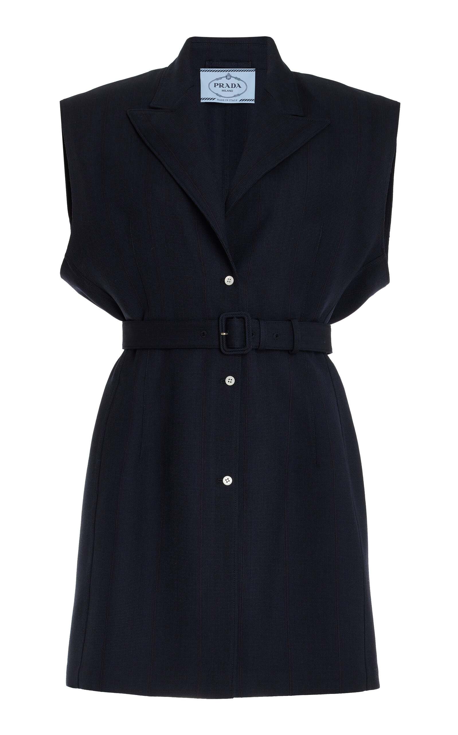 Prada Wool Vest With Belted Waist And Notched Lapels In Navy
