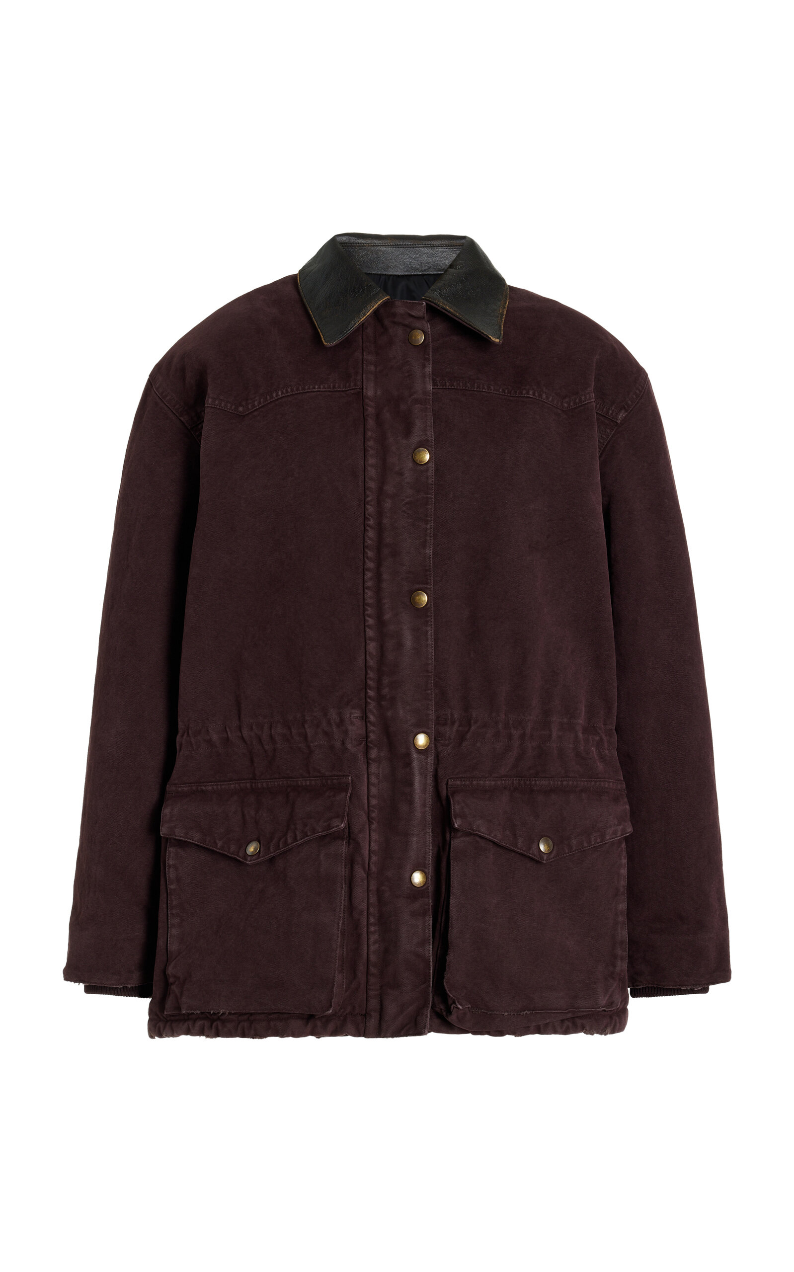 Shop Prada Leather-trimmed Denim Utility Jacket In Burgundy