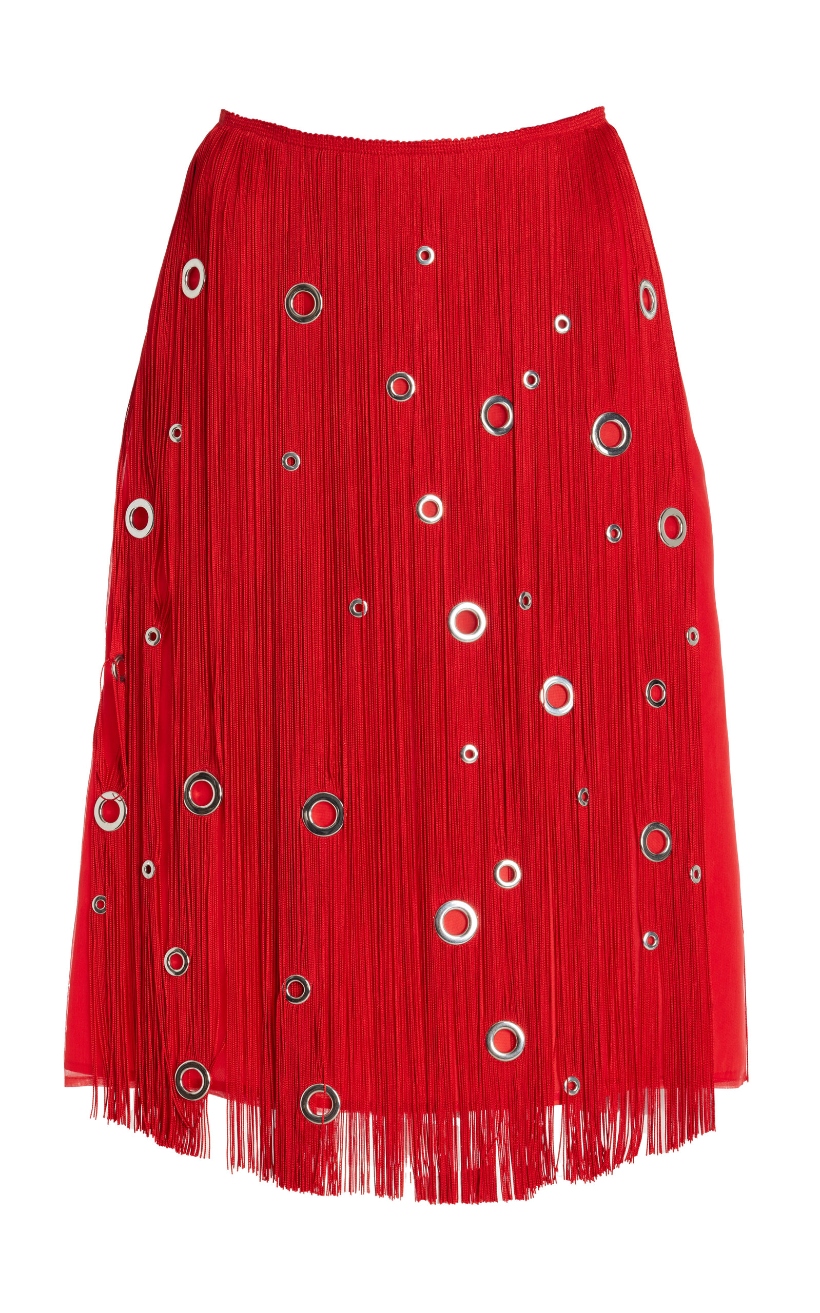 Shop Prada Hand-studded Fringe Midi Skirt In Red