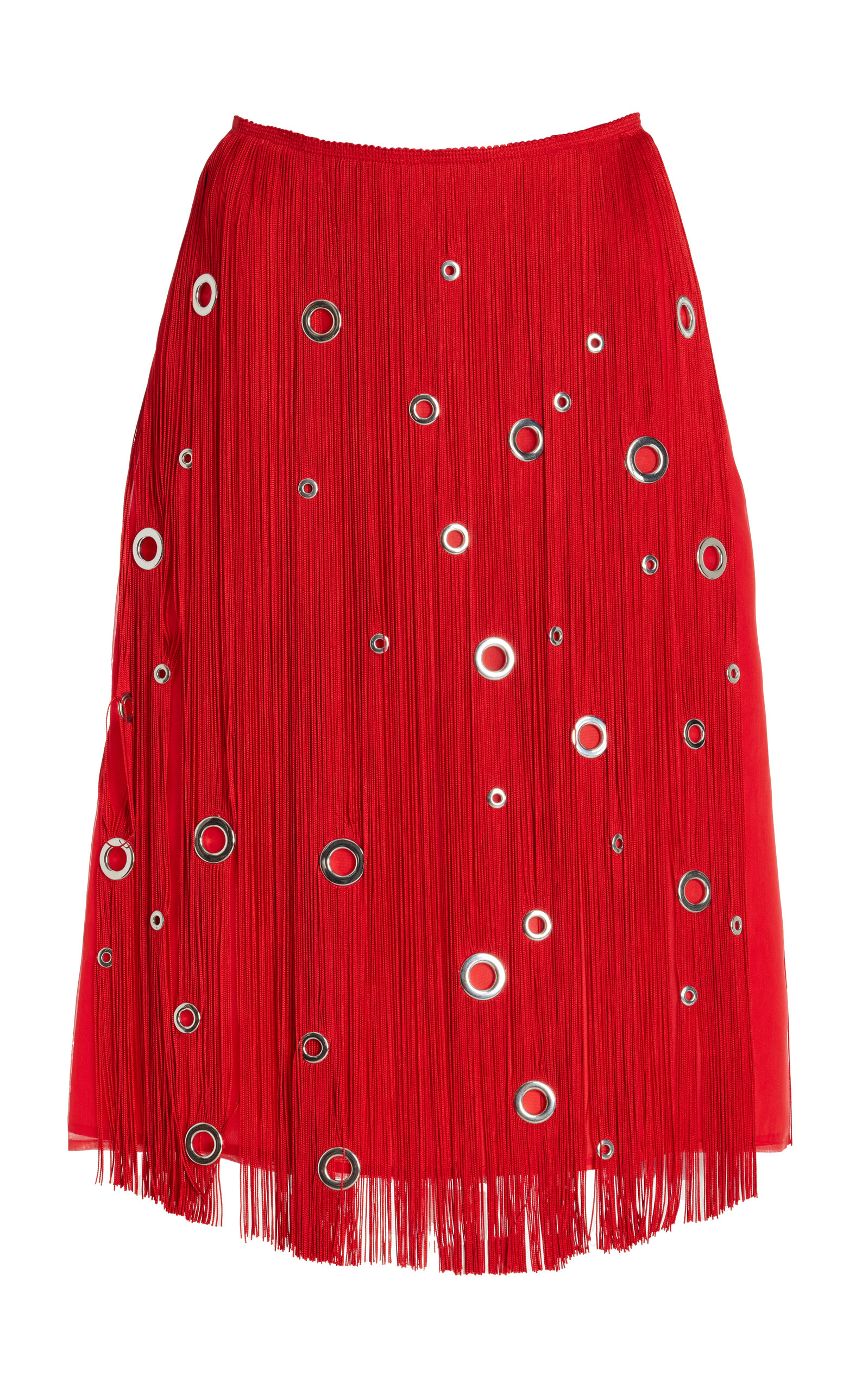 Prada Hand-Studded Fringe Midi Skirt - Red