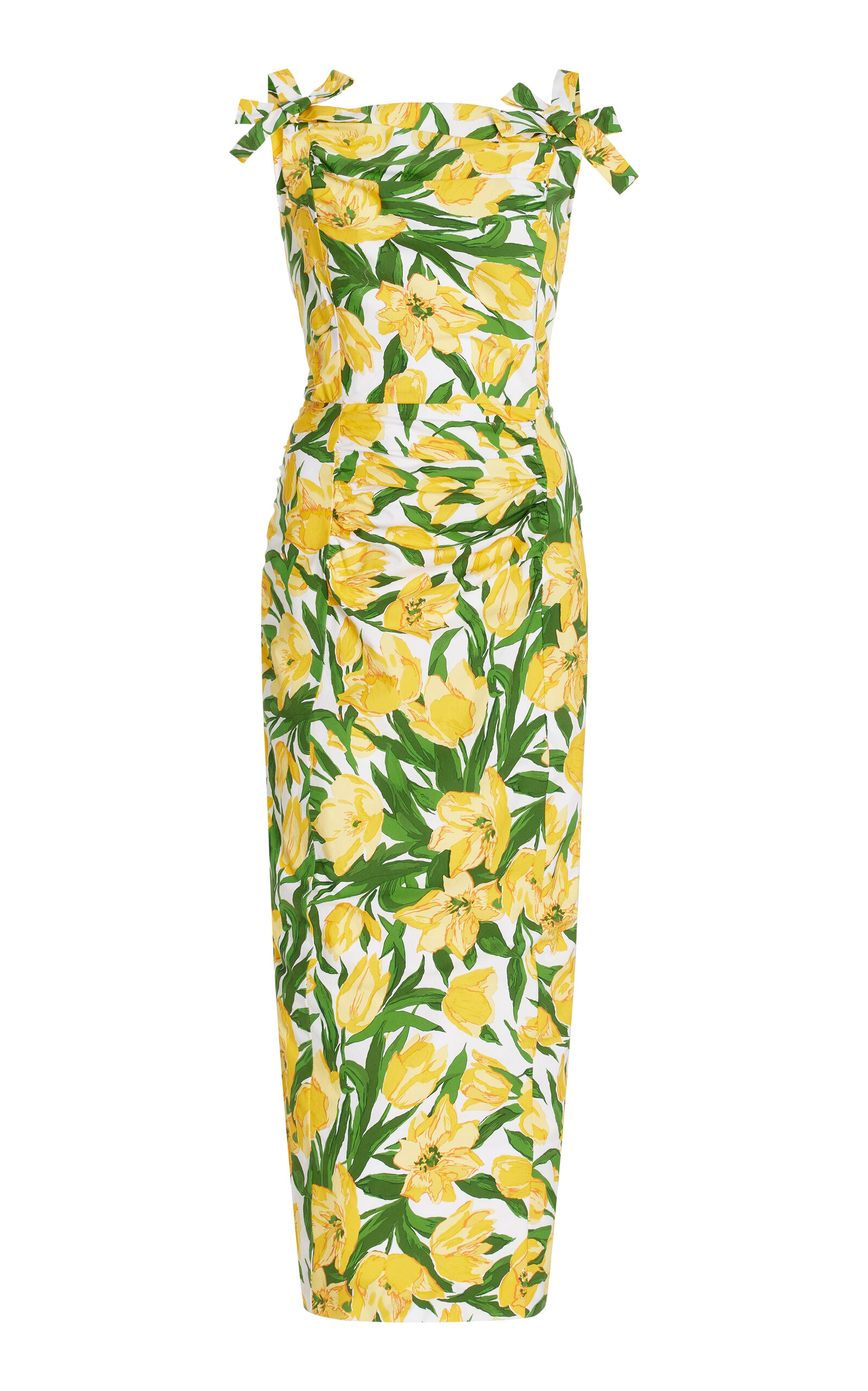 Shop Carolina Herrera Bow-detailed Floral Cotton Midi Dress In Multi