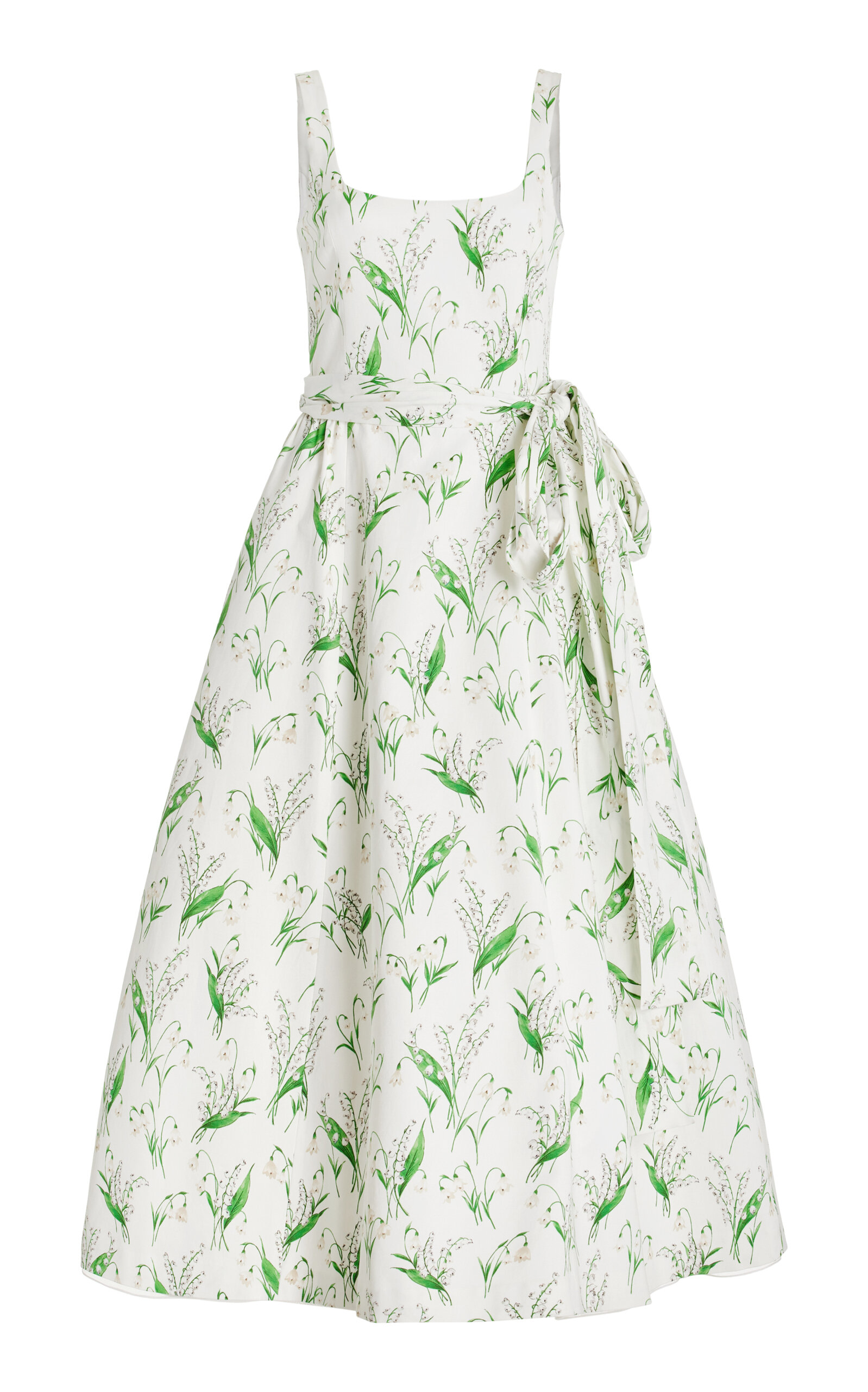 Shop Carolina Herrera Sash-detailed Floral Cotton-blend Midi Dress In White