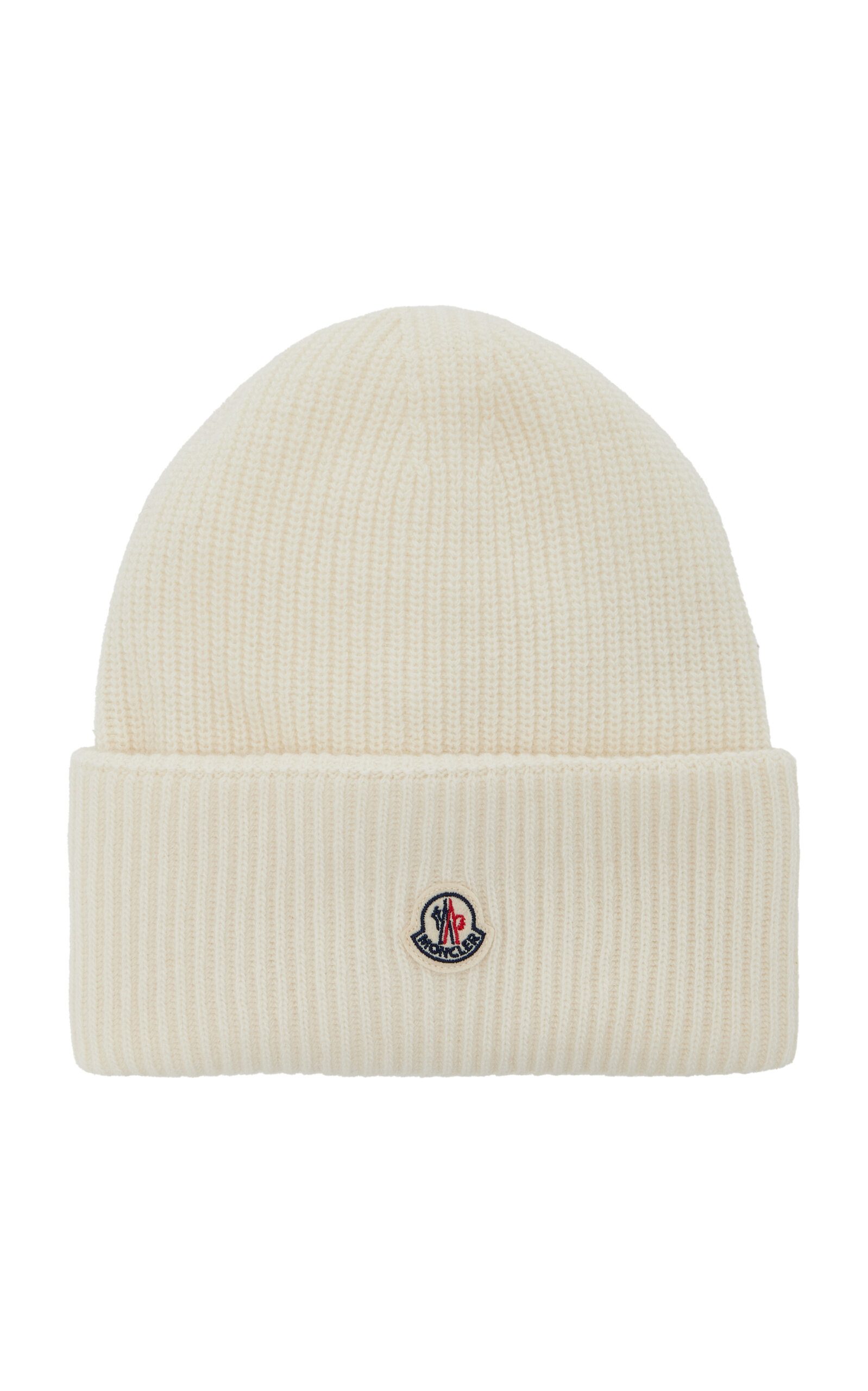 Moncler Ribbed Knit Wool Beanie With Felt Logo Patch In White