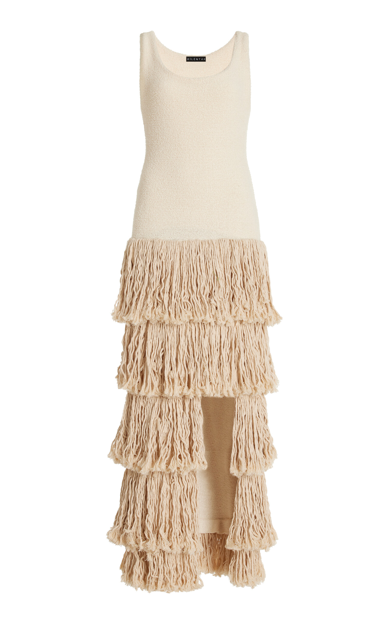 Kilentar Exclusive Layo Tiered Fringe Wool Maxi Dress - Off-White - XL