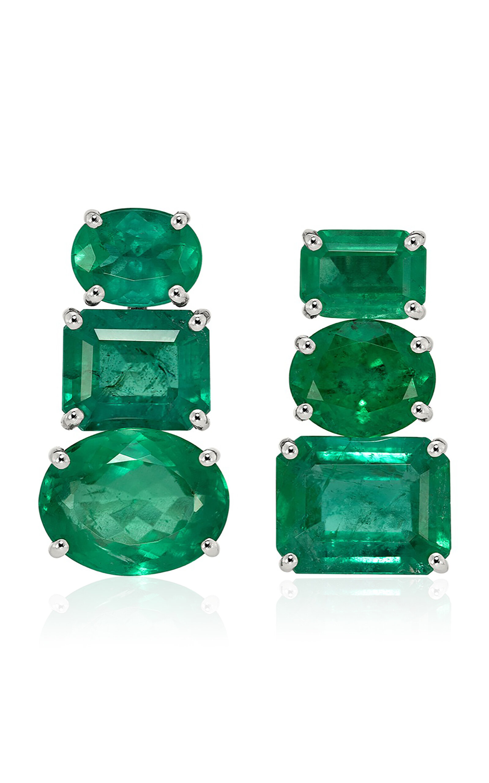 Sauer 18k White Gold Three Stone Earrings - Green - OS - Moda Operandi