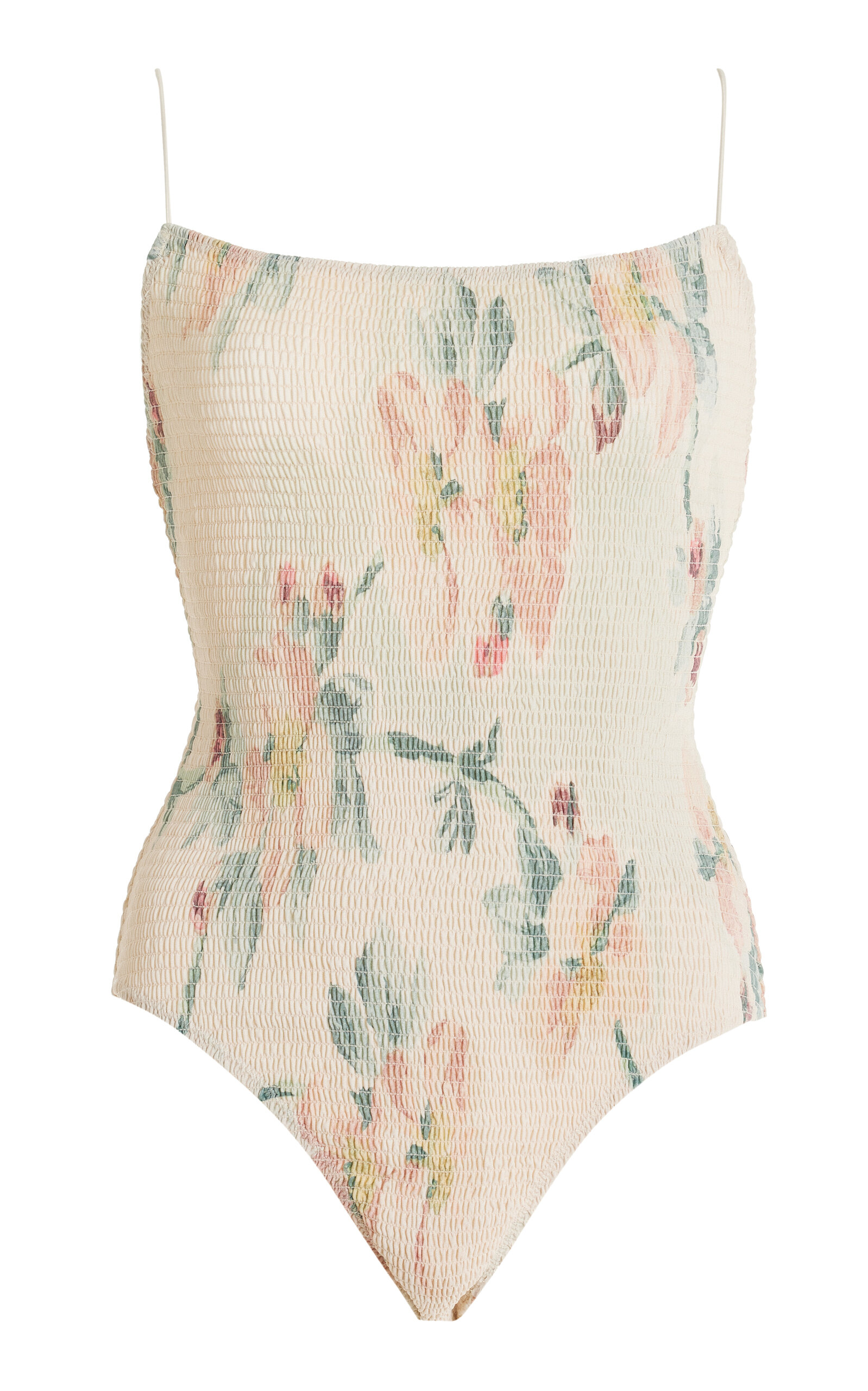 Shop Totême Smocked Floral One-piece Swimsuit In Ivory