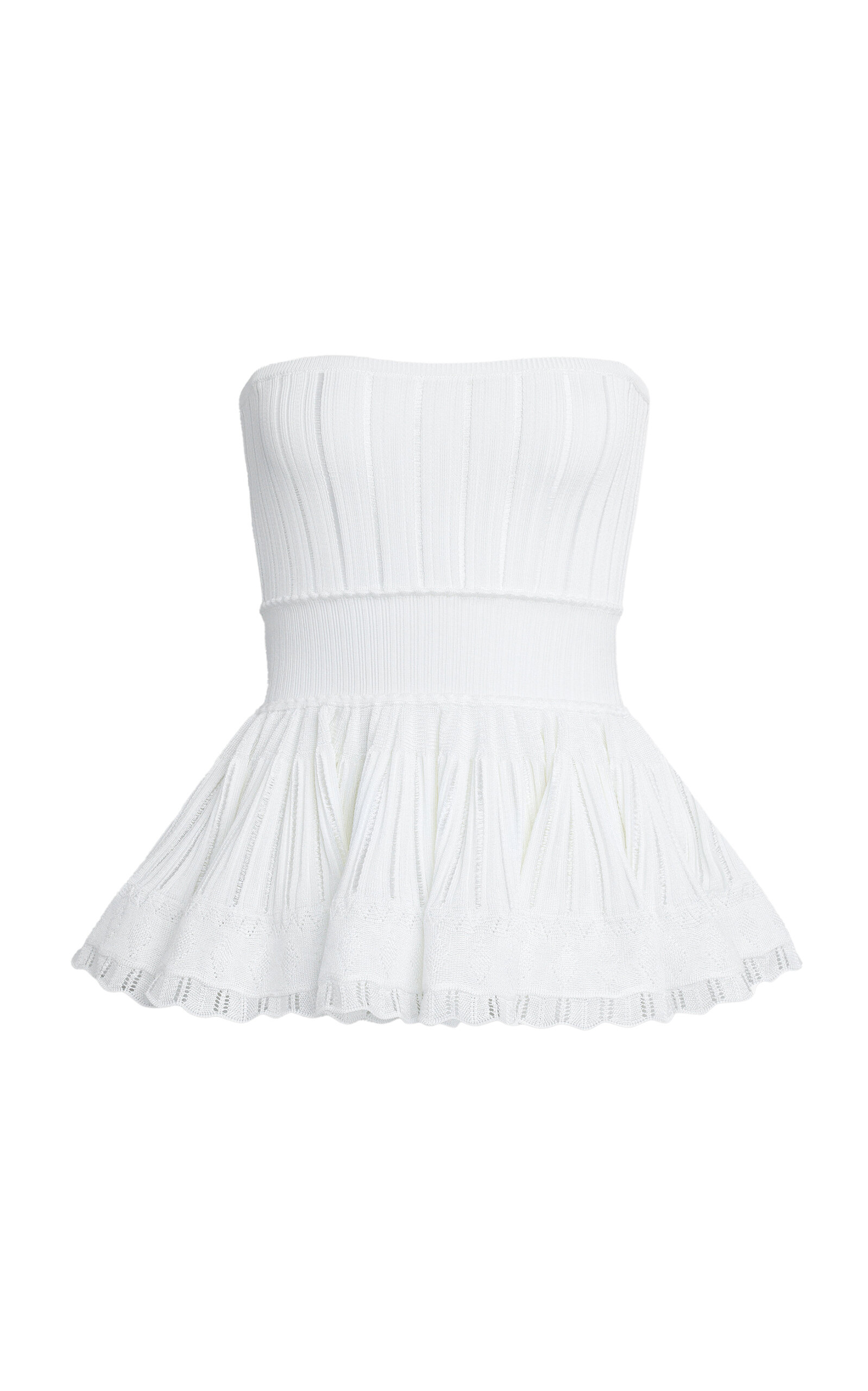 Shop Alaïa Strapless Knit Peplum Top In White