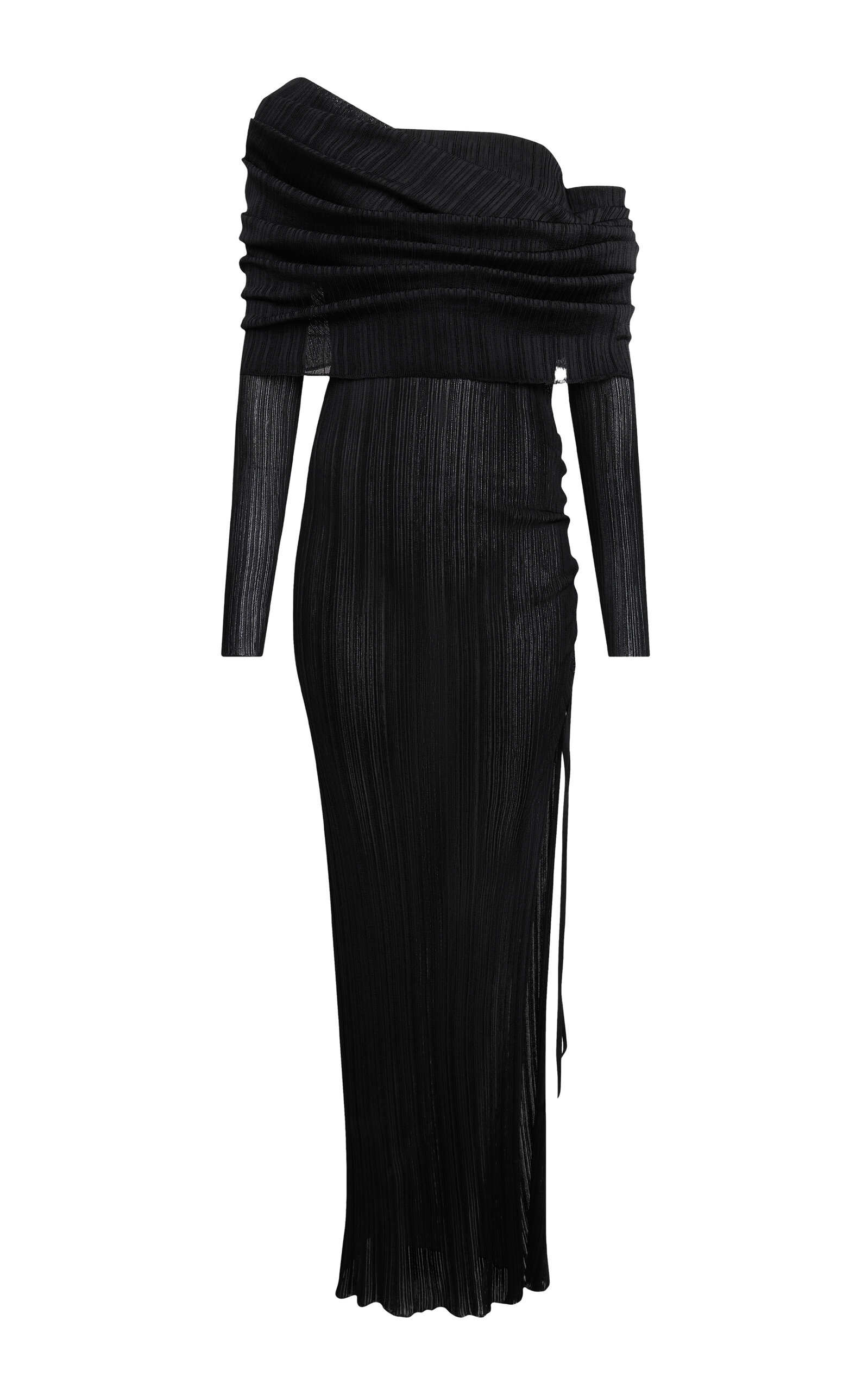 Shop Alaïa Draped Off-the-shoulder Knit Maxi Dress In Black
