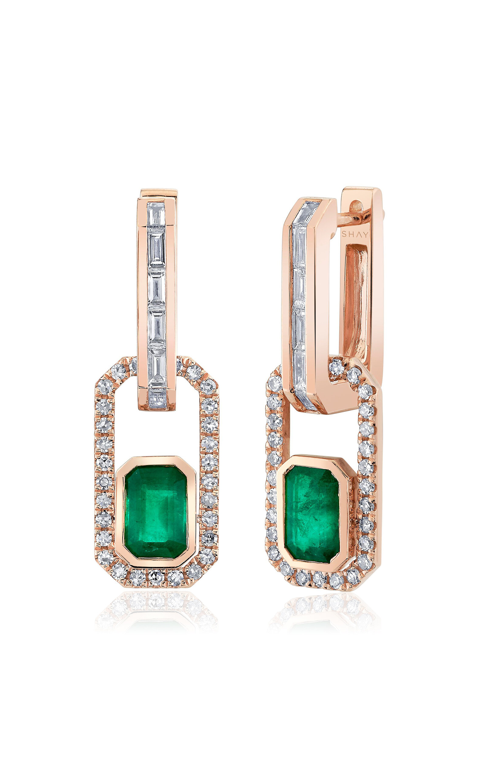 SHAY - 18k Rose Gold Diamond & Emerald Halo Link Earrings - Green - OS - Only At Moda Operandi - Gifts For Her