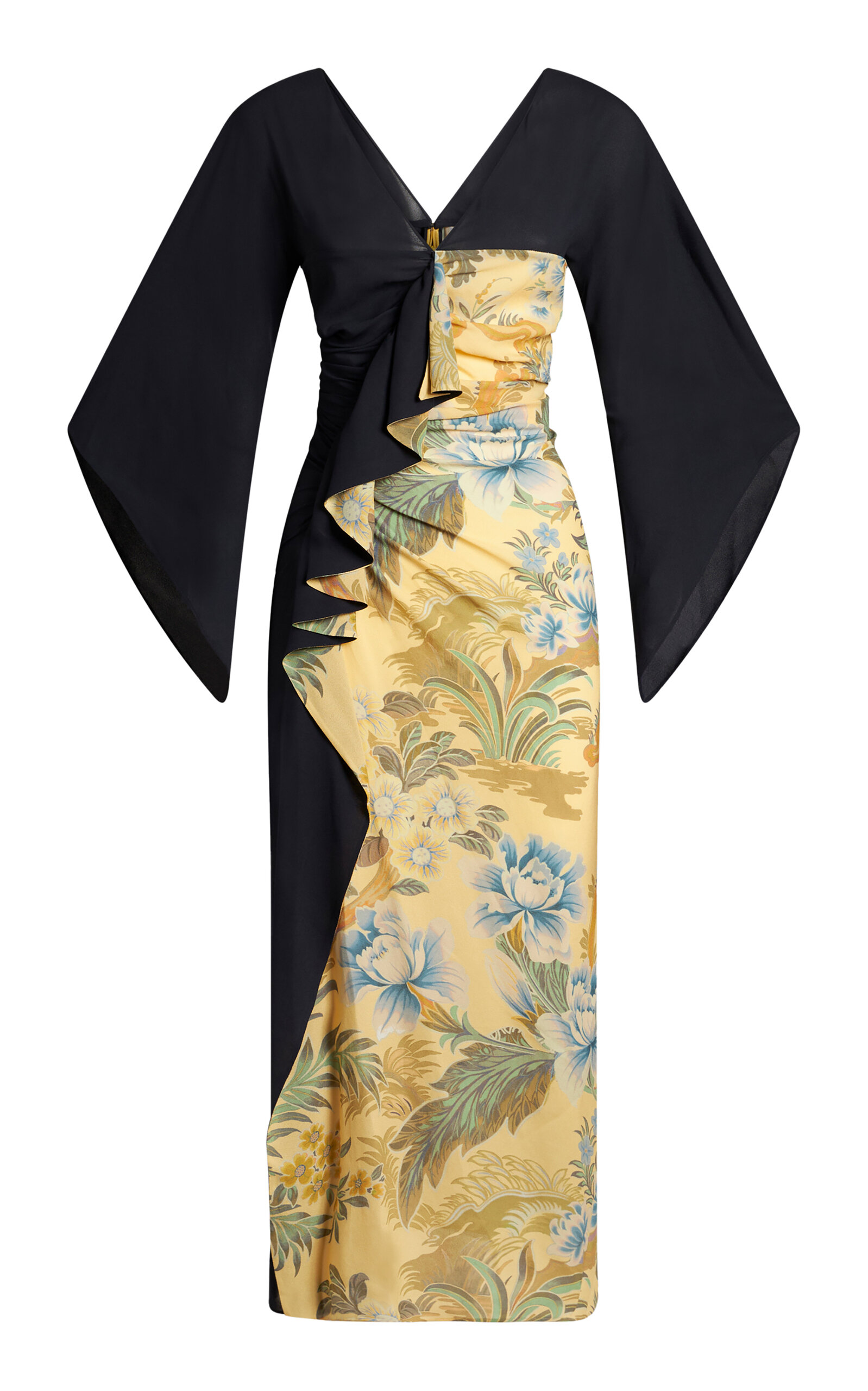 Etro , Midi Dress With Placed Floral Print, Woman, Yellow, Size 48 In Multi