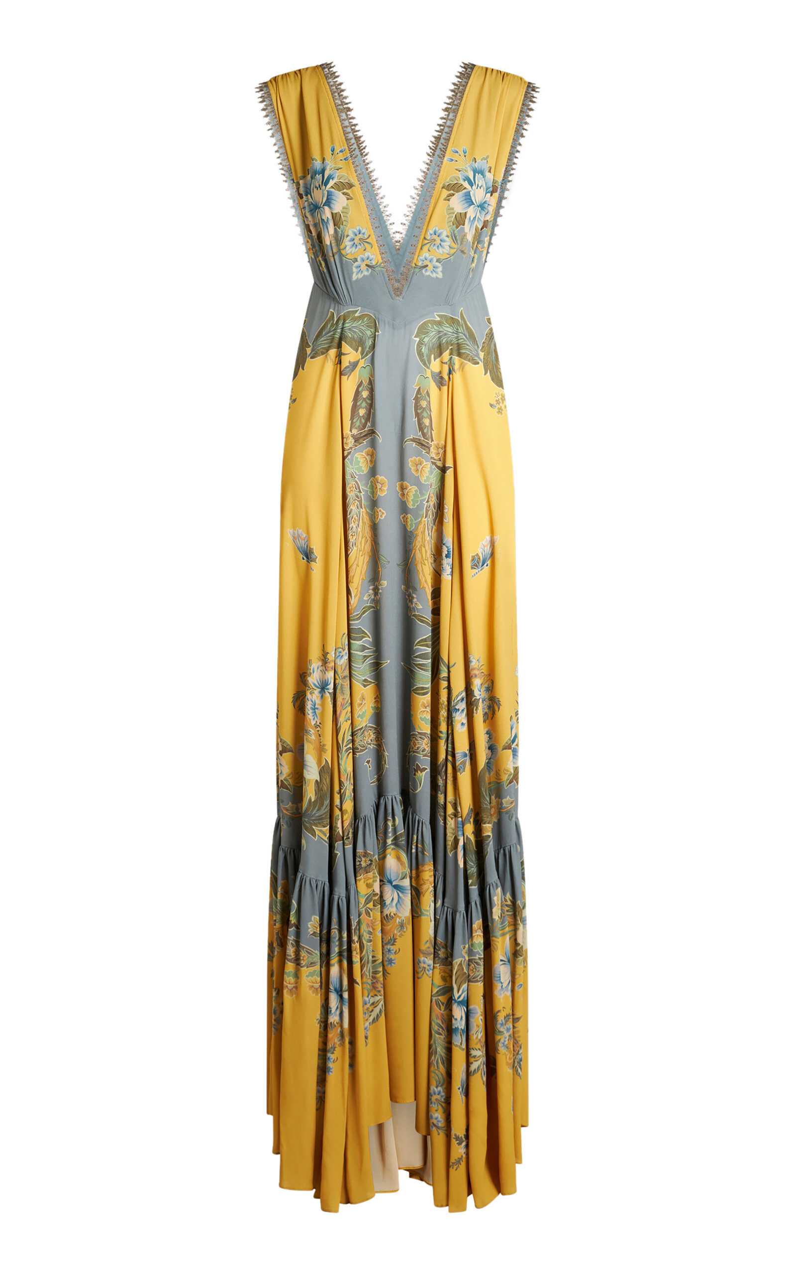 Etro Plunged Floral Maxi Dress In Yellow