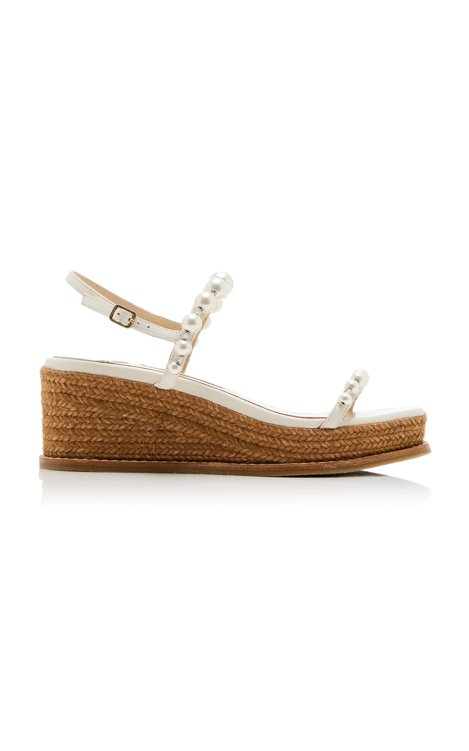 Shop Jimmy Choo Amatuus Pearl-embellished Leather Wedge Sandals In White
