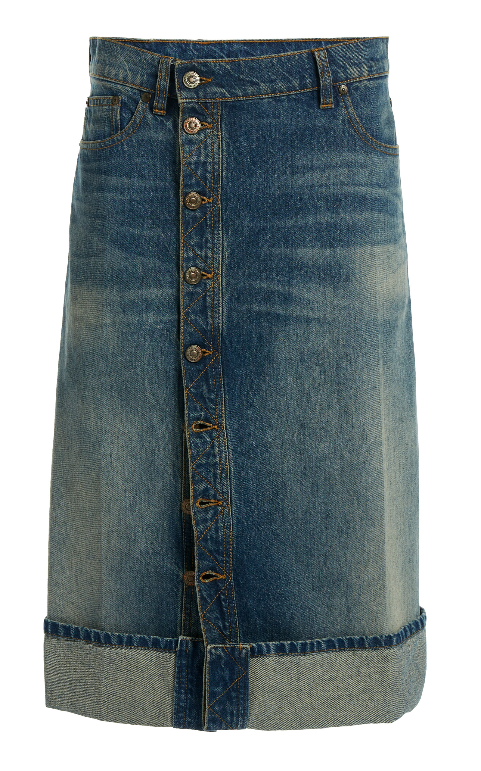 Placket-Detailed Denim Midi Skirt