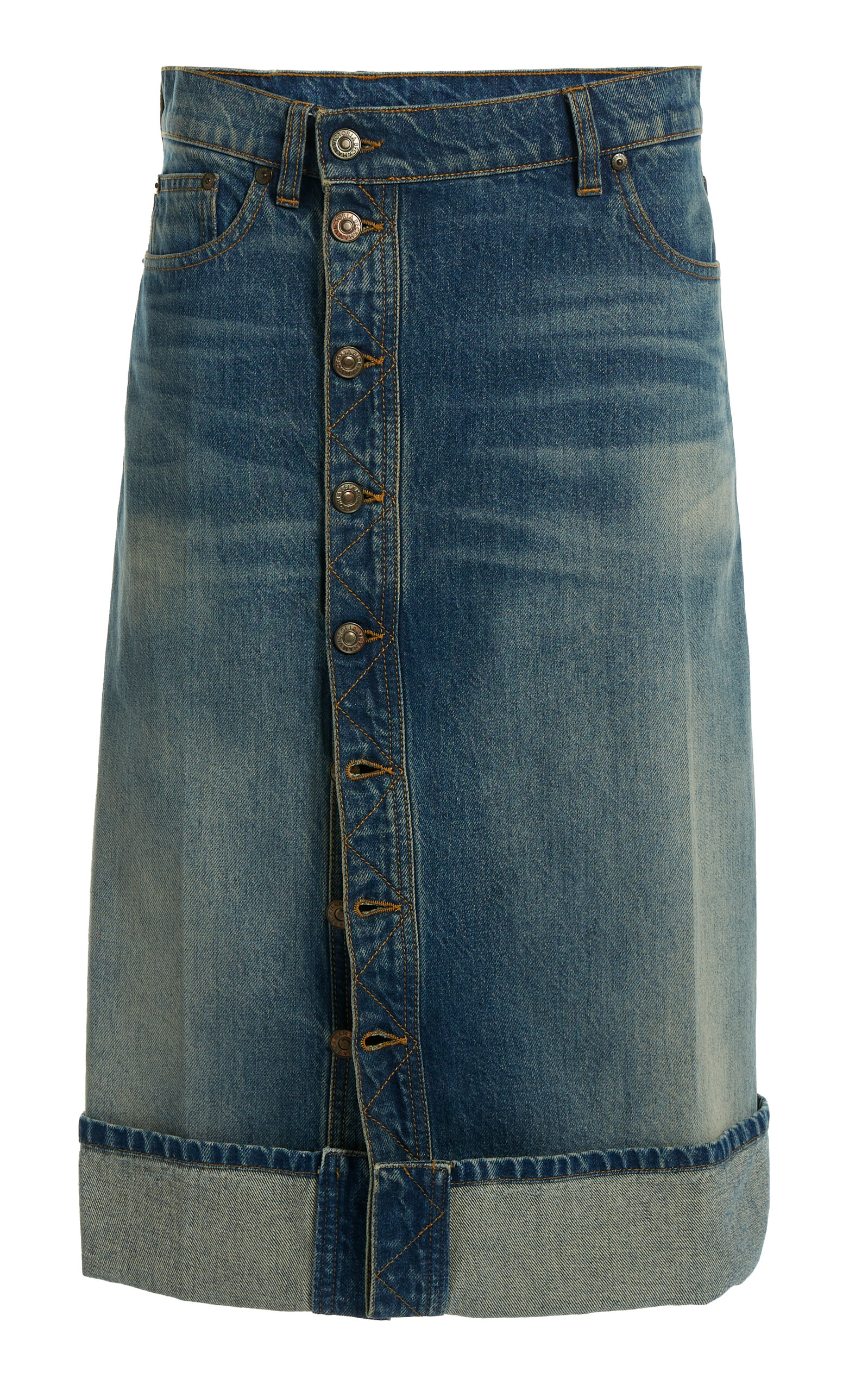 Victoria Beckham Placet Detail Denim Midi Skirt In Medium Wash