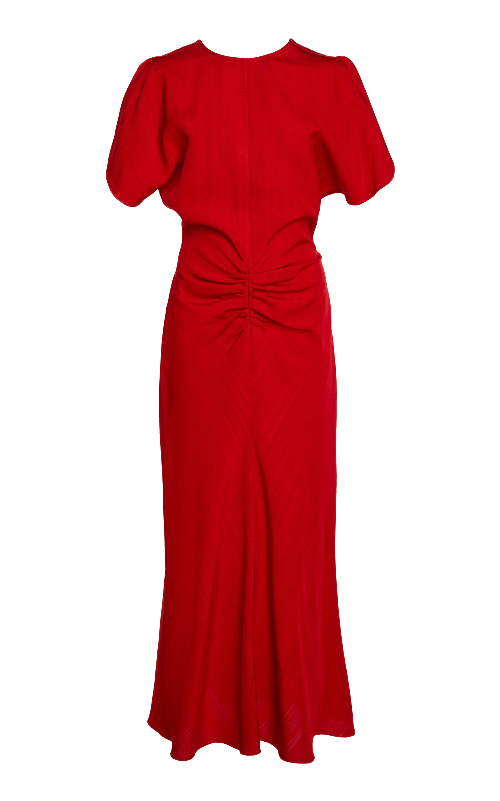 Shop Victoria Beckham Gathered Puff-sleeve Crepe Midi Dress In Red