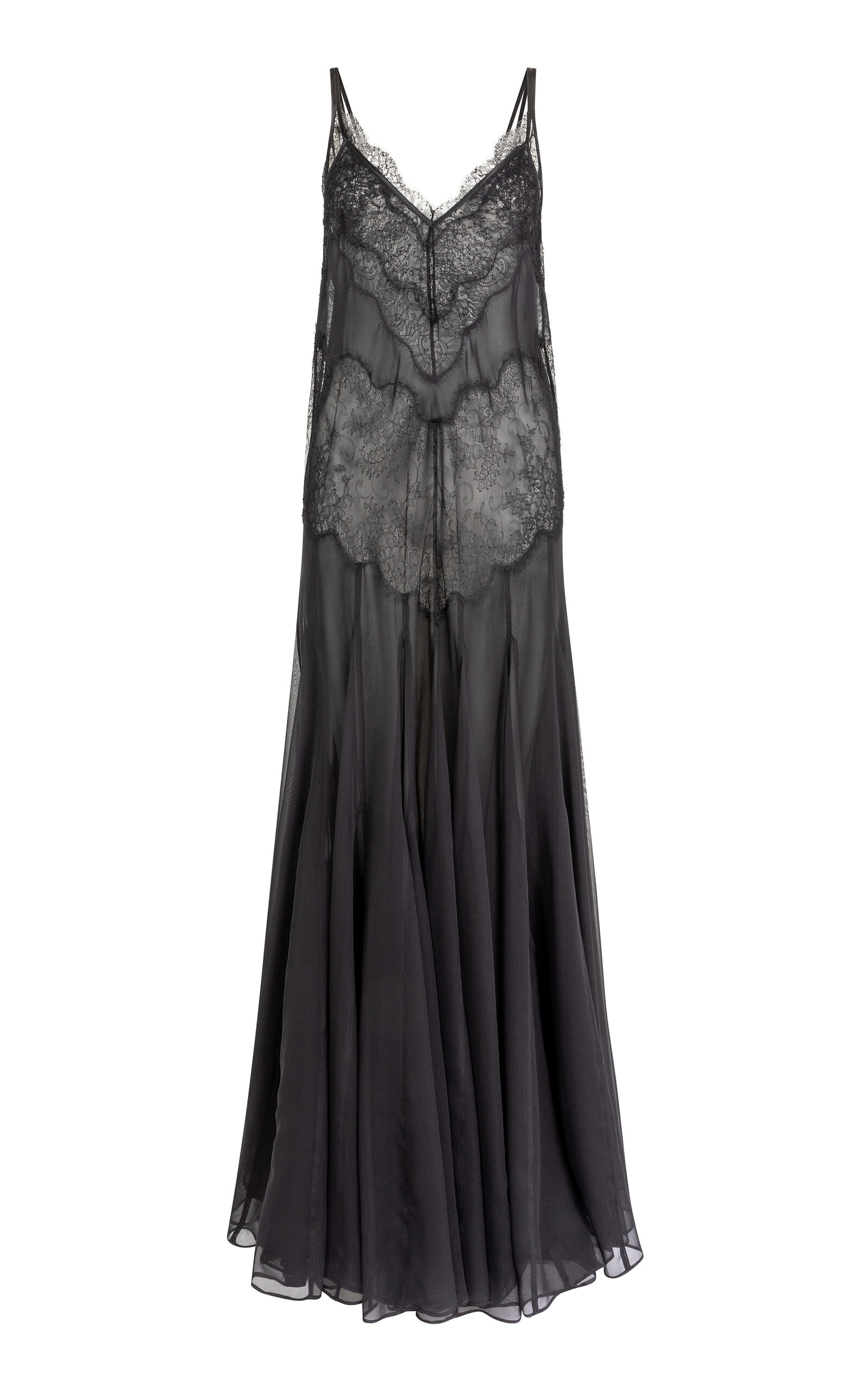 Lace-Paneled Plissé Silk Chiffon Maxi Dress