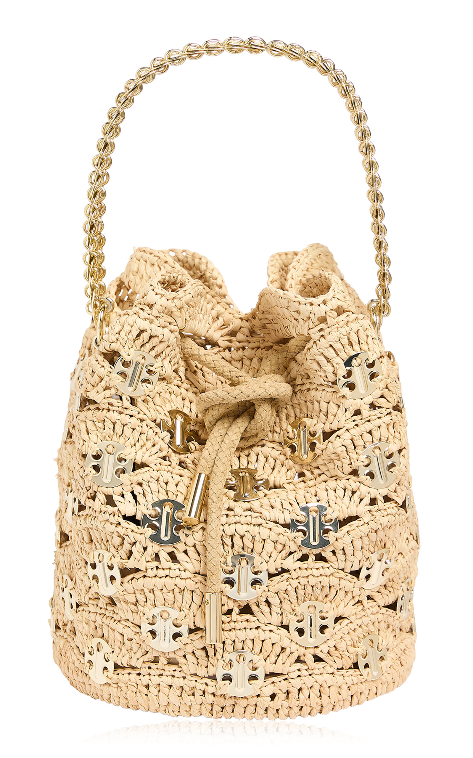 Hardware-Detailed Woven Raffia Bucket Bag
