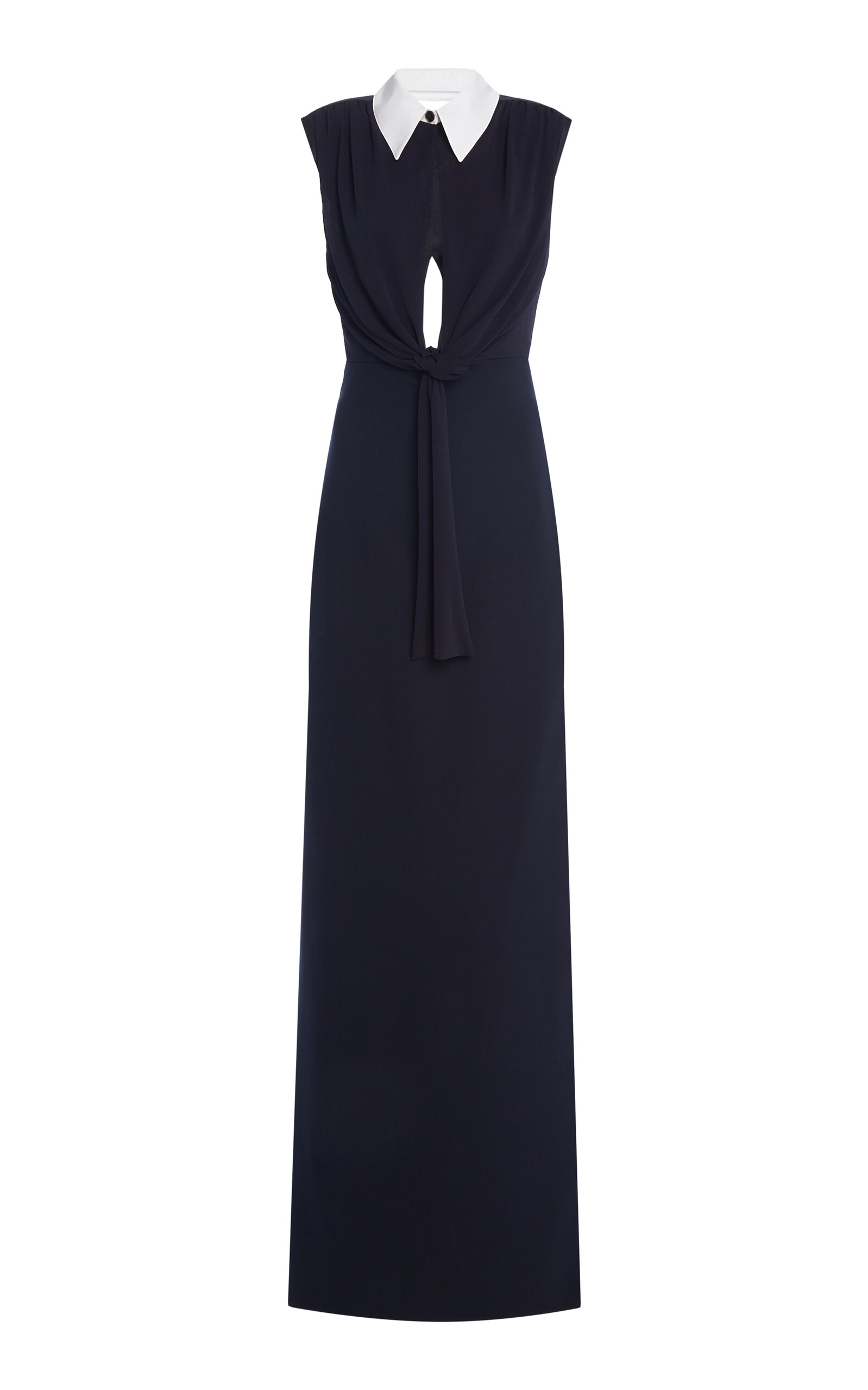 Shop Del Core Collared Cutout Crepe Gown In Navy