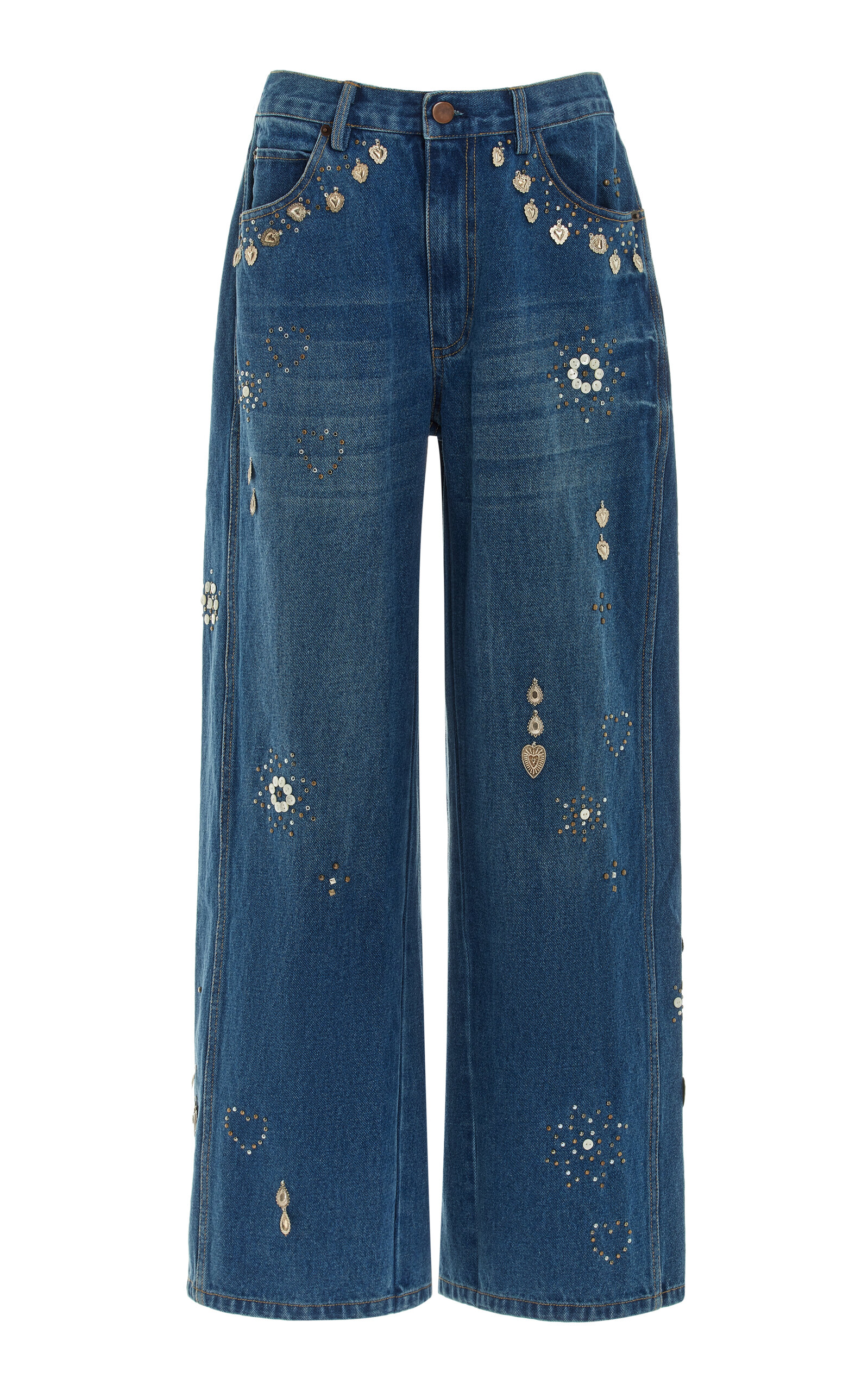 Shop Sea Betina Beaded Rigid Low-rise Wide-leg Jeans In Medium Wash