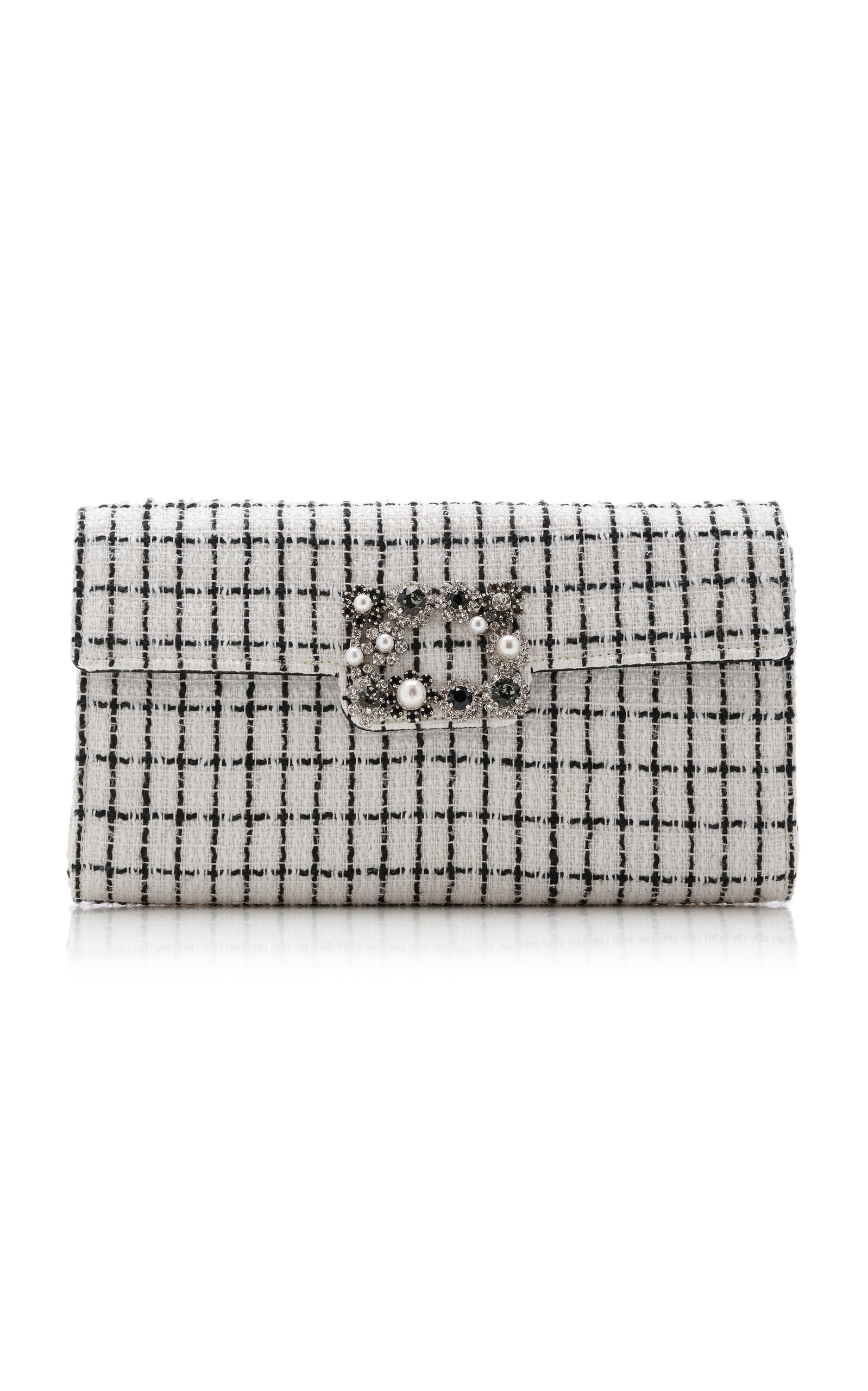 Roger Vivier Flower-Buckle Tweed Clutch - White - OS