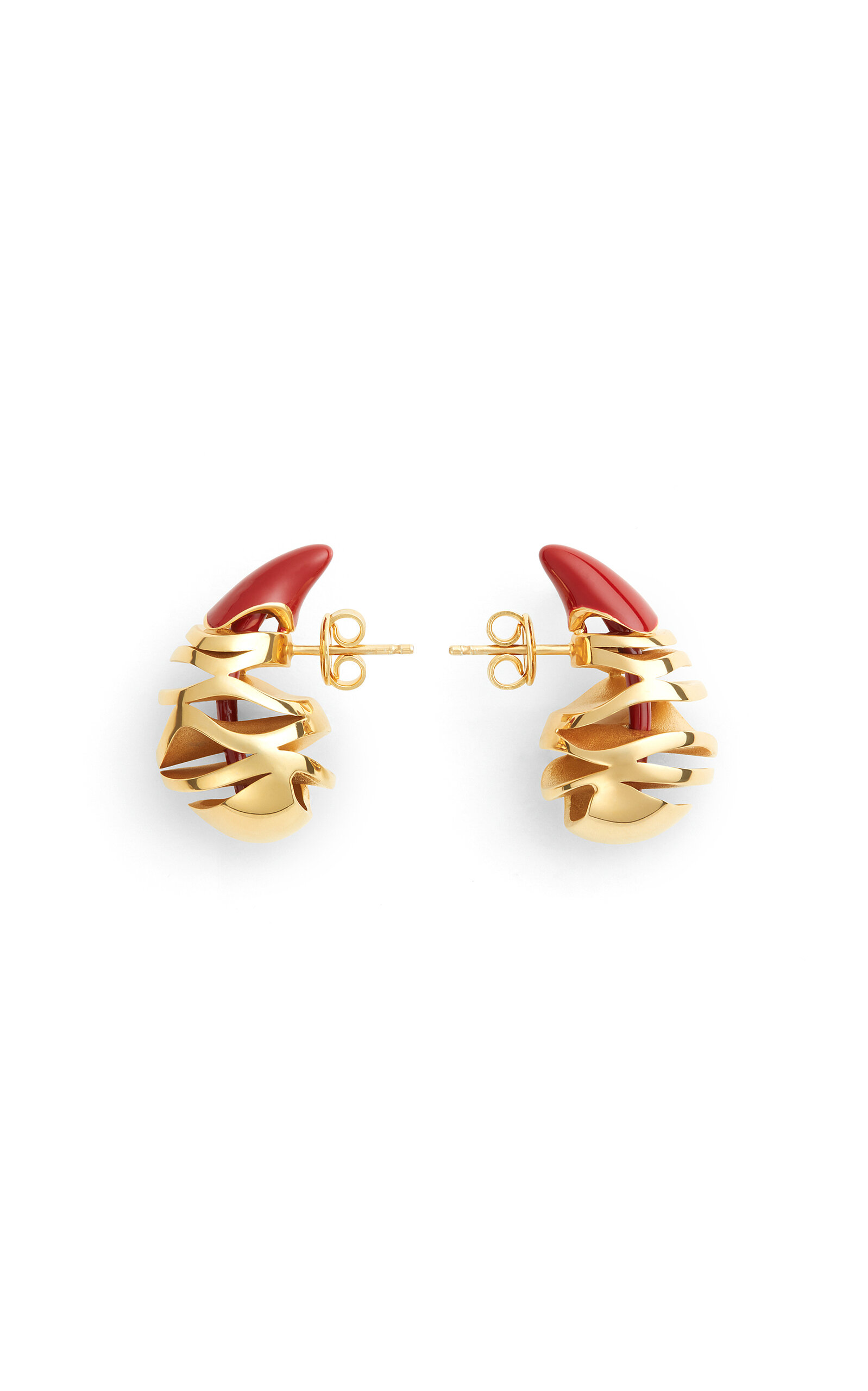 Bottega Veneta Enameled 18k Gold-pleated Sterling Silver Earrings In Red