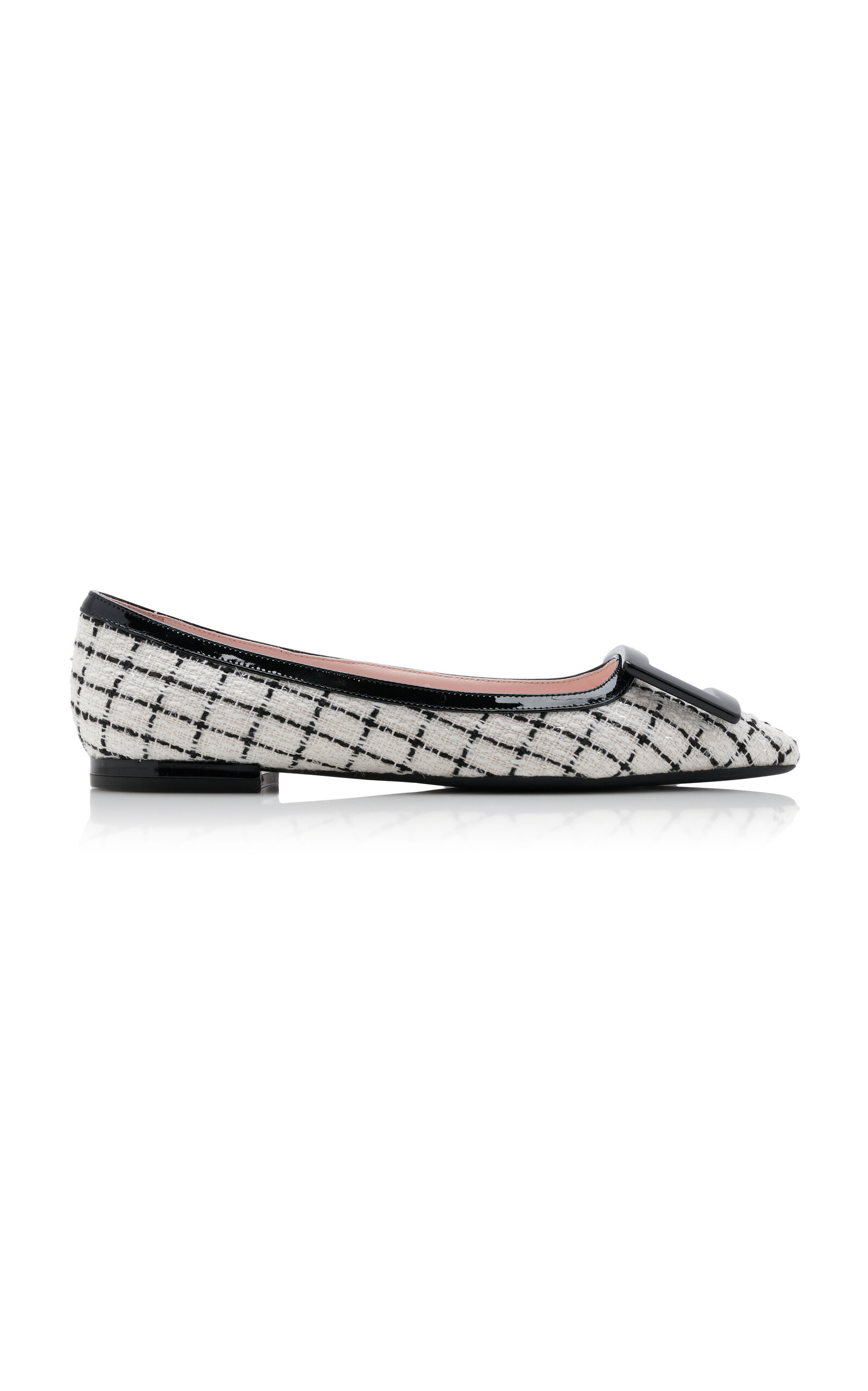 Roger Vivier Gommettine Patent Leather-trimmed Tweed Flats In Black,white