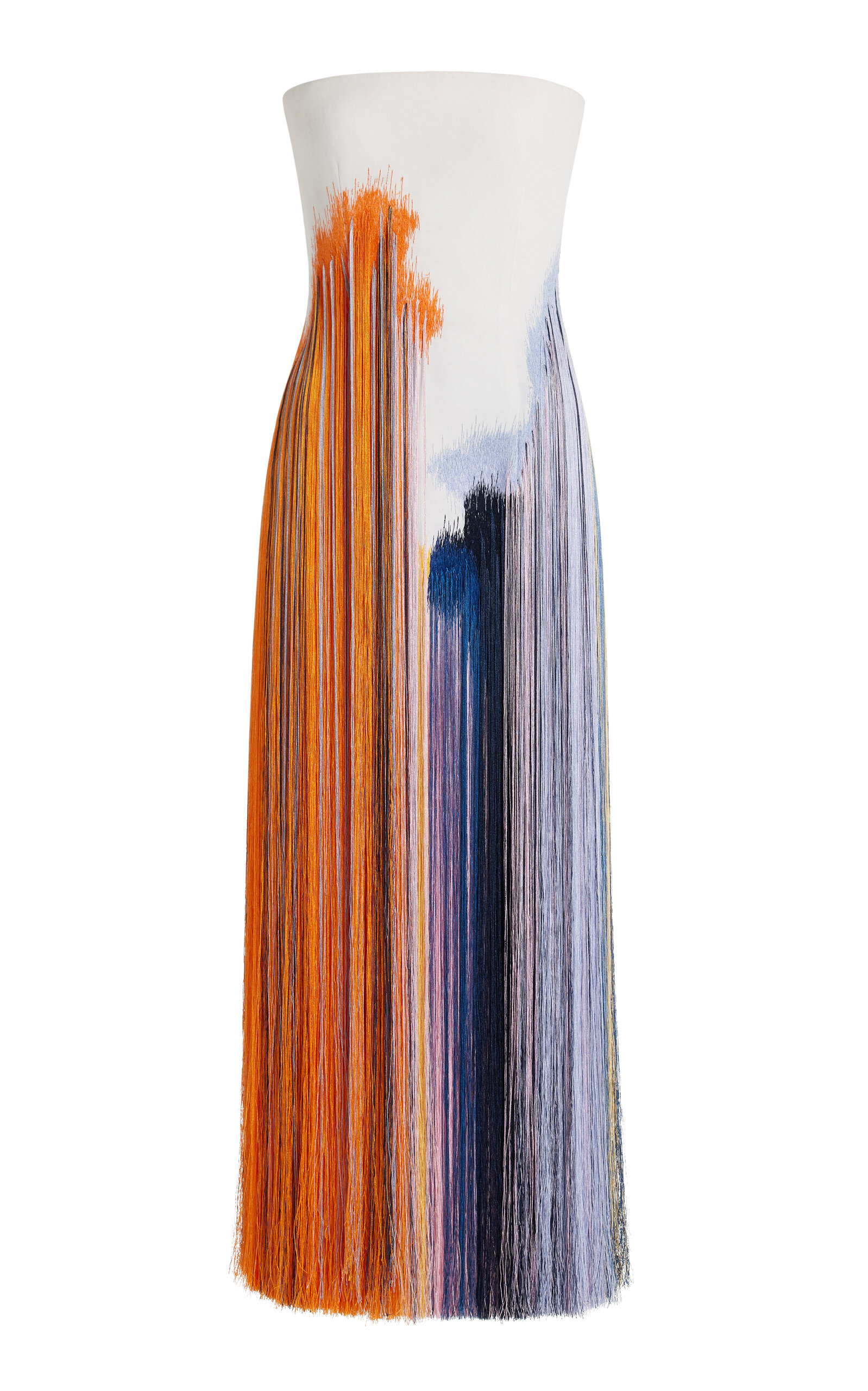 OSCAR DE LA RENTA FRINGED CREPE STRAPLESS MIDI DRESS