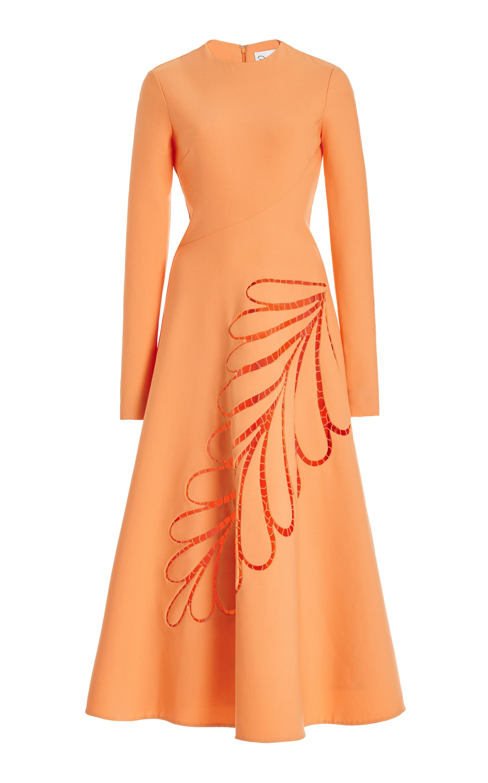 Oscar De La Renta Embroidered Stretch-wool Midi Dress In Orange