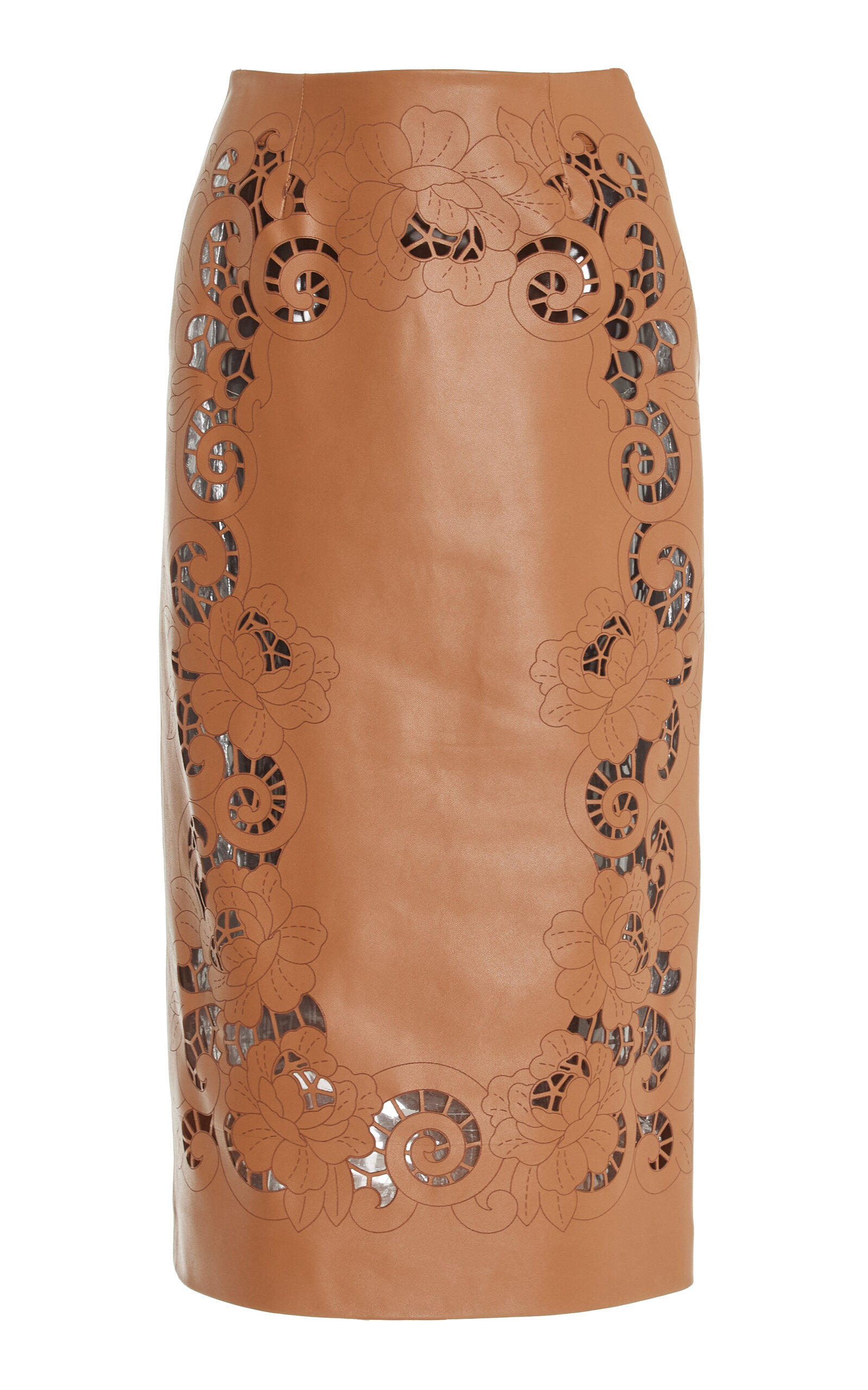 Oscar De La Renta Laser-cut Leather Pencil Midi Skirt In Brown